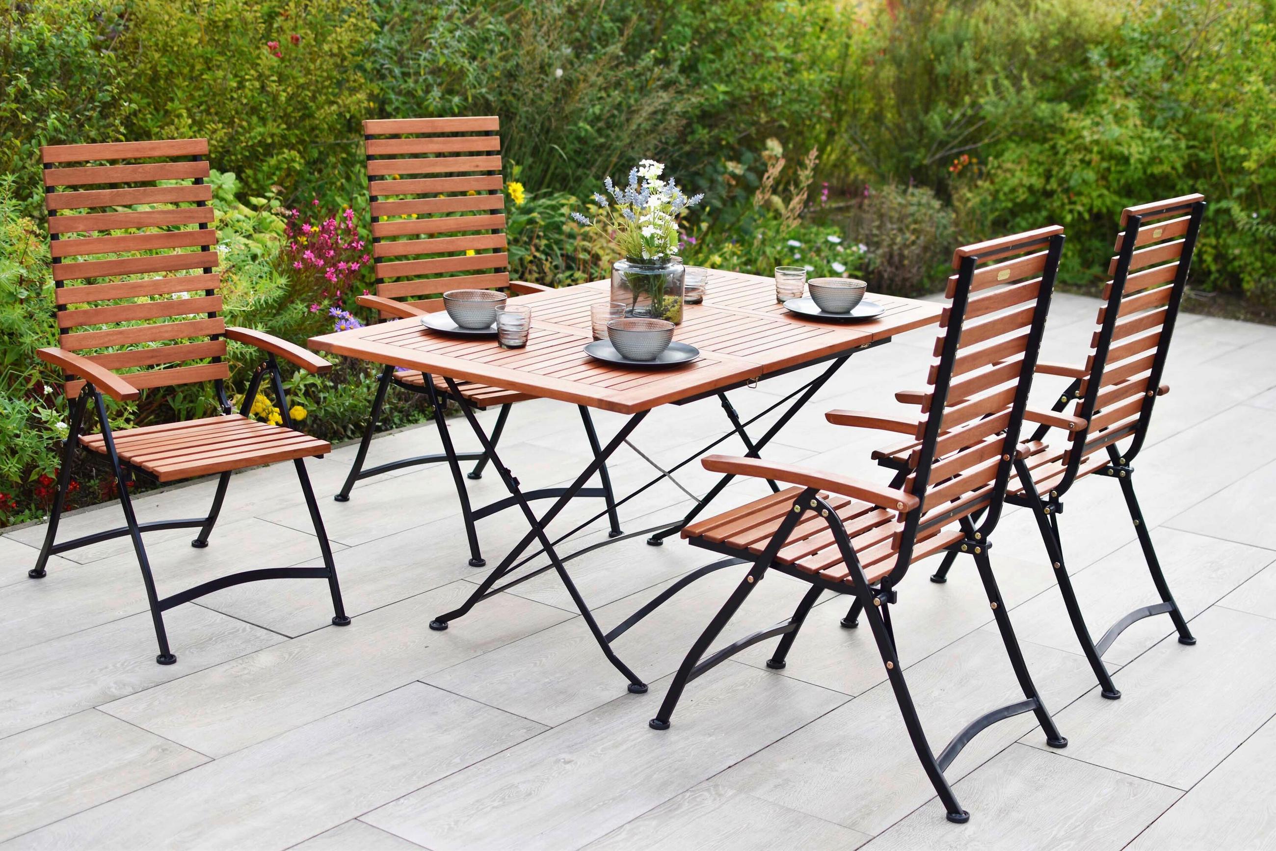 GARTENTISCHGRUPPE Eukalyptusholz Hartholz Stahl  - Schwarz/Naturfarben, KONVENTIONELL, Holz/Metall - Gardenson