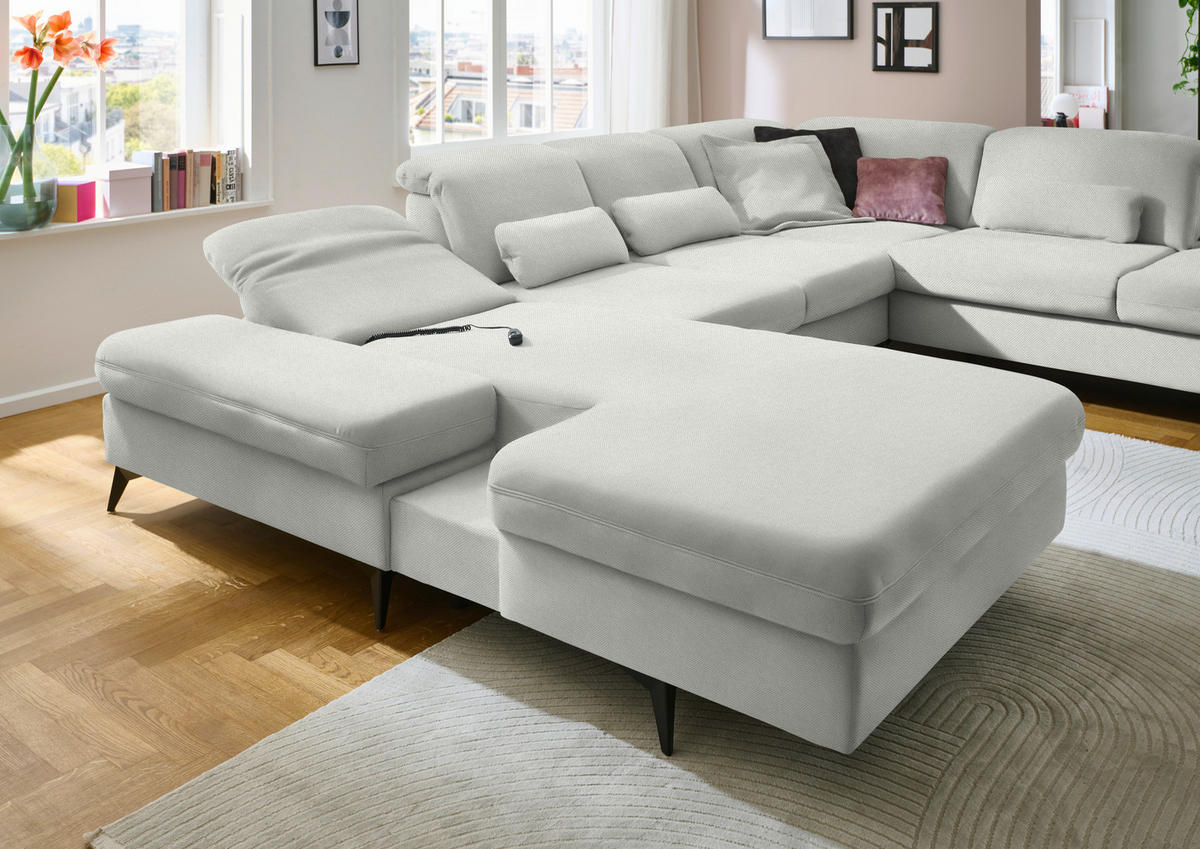 WOHNLANDSCHAFT Chenille Ecru  - Ecru/Schwarz, Design, Textil/Metall (198/364/255cm) - Beldomo Style