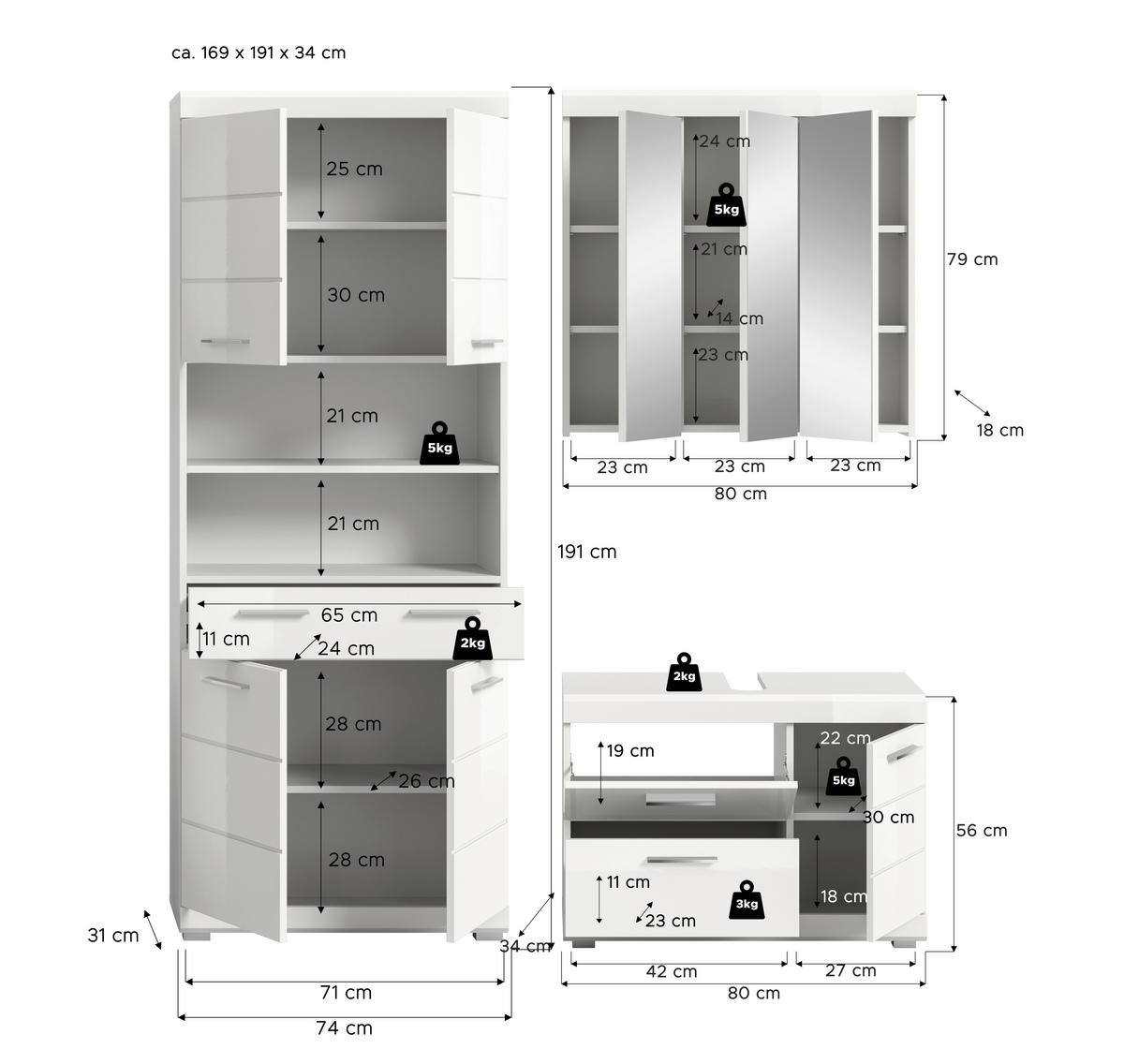 BADEZIMMER 3-teilig  in 169 cm  - Weiß Hochglanz/Silberfarben, Trend, Glas/Holzwerkstoff (169cm) - MID.YOU