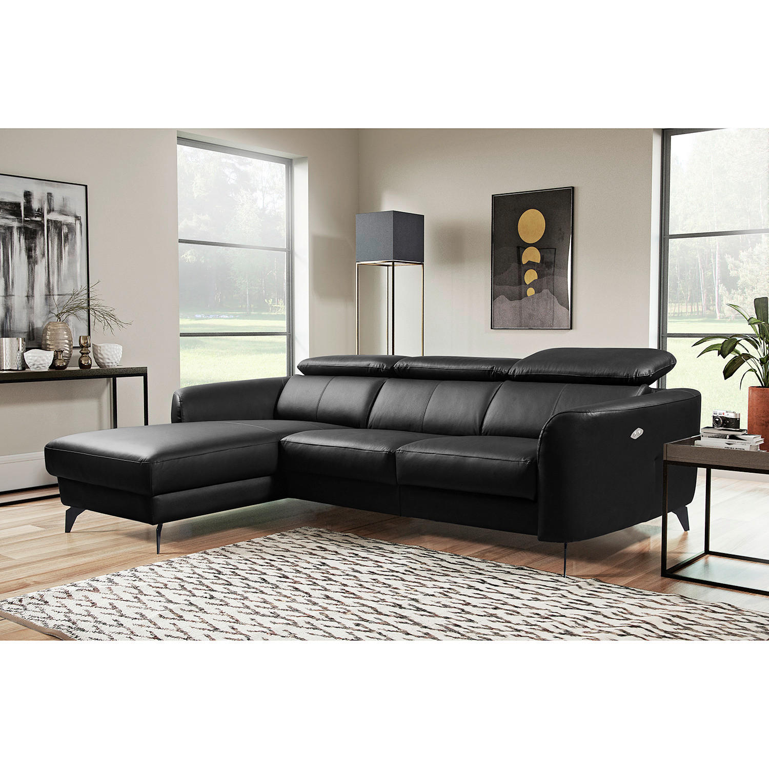 ECKSOFA Schwarz Echtleder Lederlook  - Schwarz, Design, Leder/Textil (183/261cm) - Livetastic