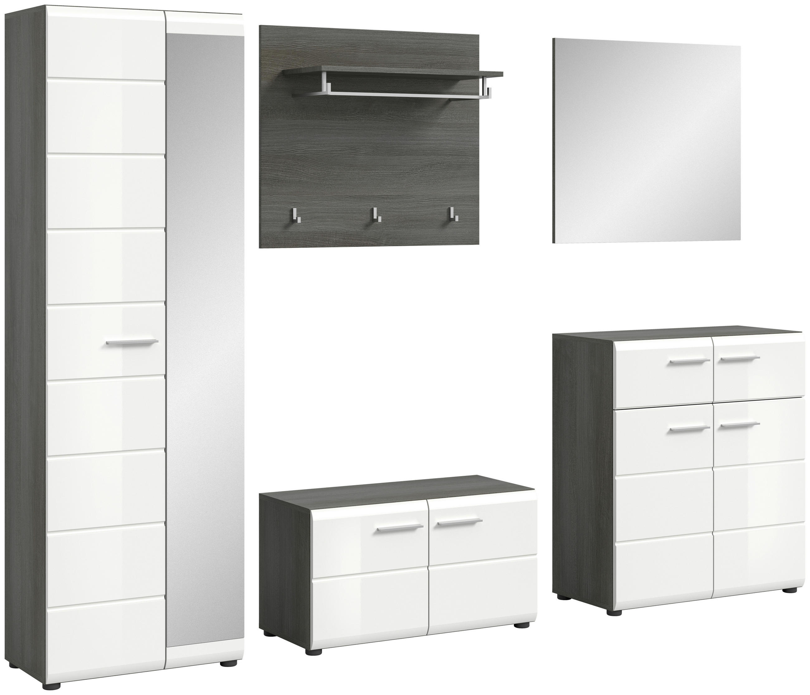GARDEROBE 5-teilig  in 250/192/37 cm  - Weiß Hochglanz, Design, Glas/Holzwerkstoff (250/192/37cm) - MID.YOU