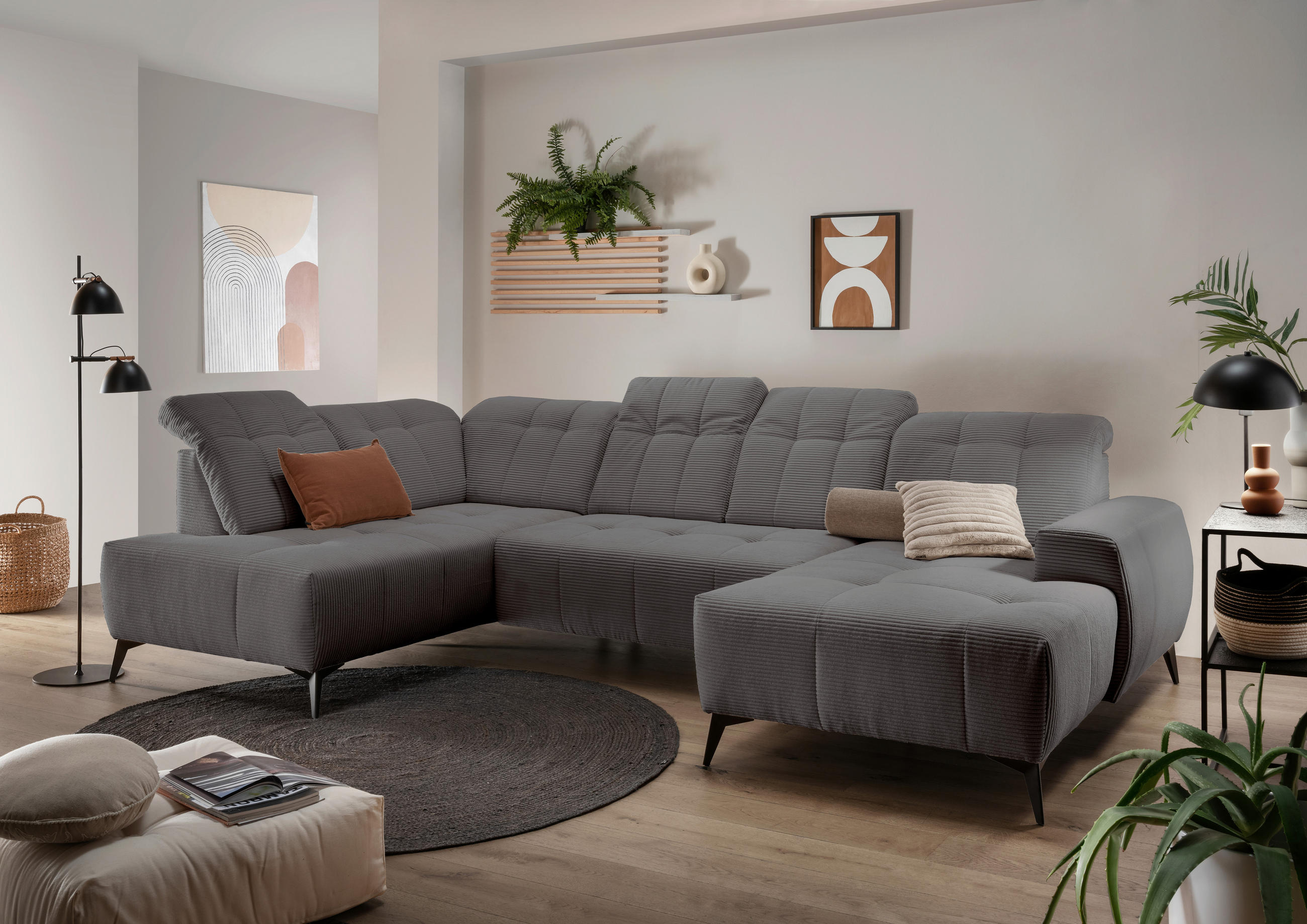 WOHNLANDSCHAFT SANO in Cord Grau  - Schwarz/Grau, MODERN, Textil/Metall (200/337/180cm) - Livetastic