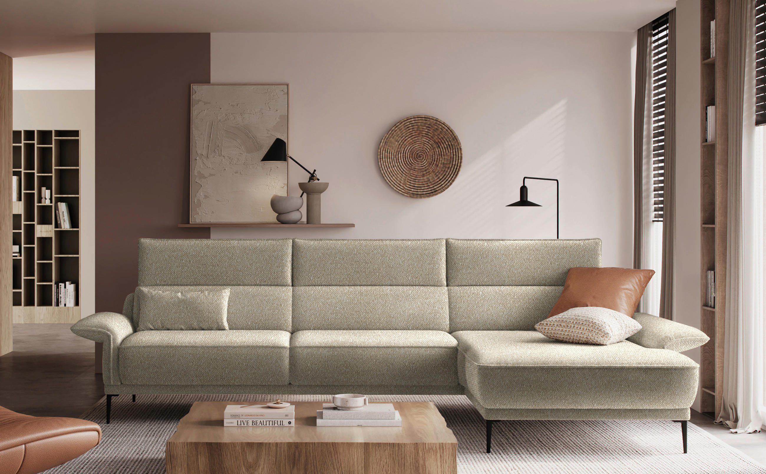 ECKSOFA in Bouclé Beige  - Beige/Schwarz, Design, Textil/Metall (330/186cm) - Johann Jakob