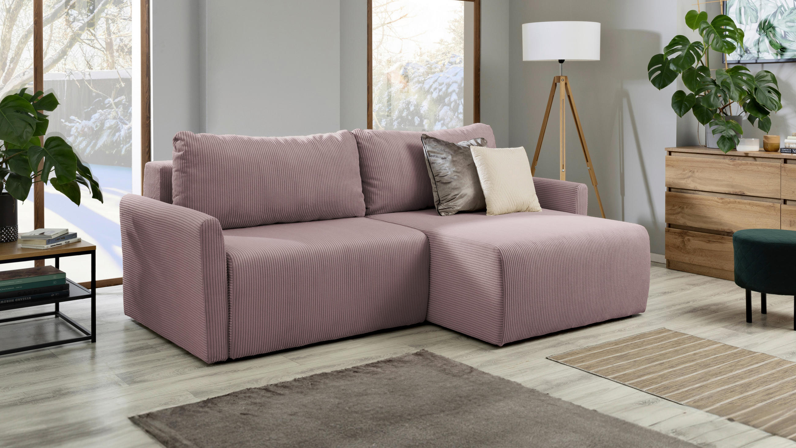 ECKSOFA Altrosa Cord  - Schwarz/Altrosa, KONVENTIONELL, Kunststoff/Textil (228/146cm) - MID.YOU