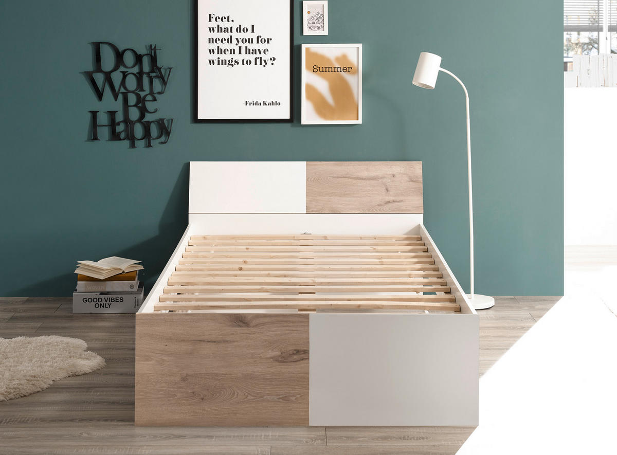 BETT 120/200 cm  in Weiß, Eichefarben  - Eichefarben/Weiß, KONVENTIONELL (120/200cm) - MID.YOU