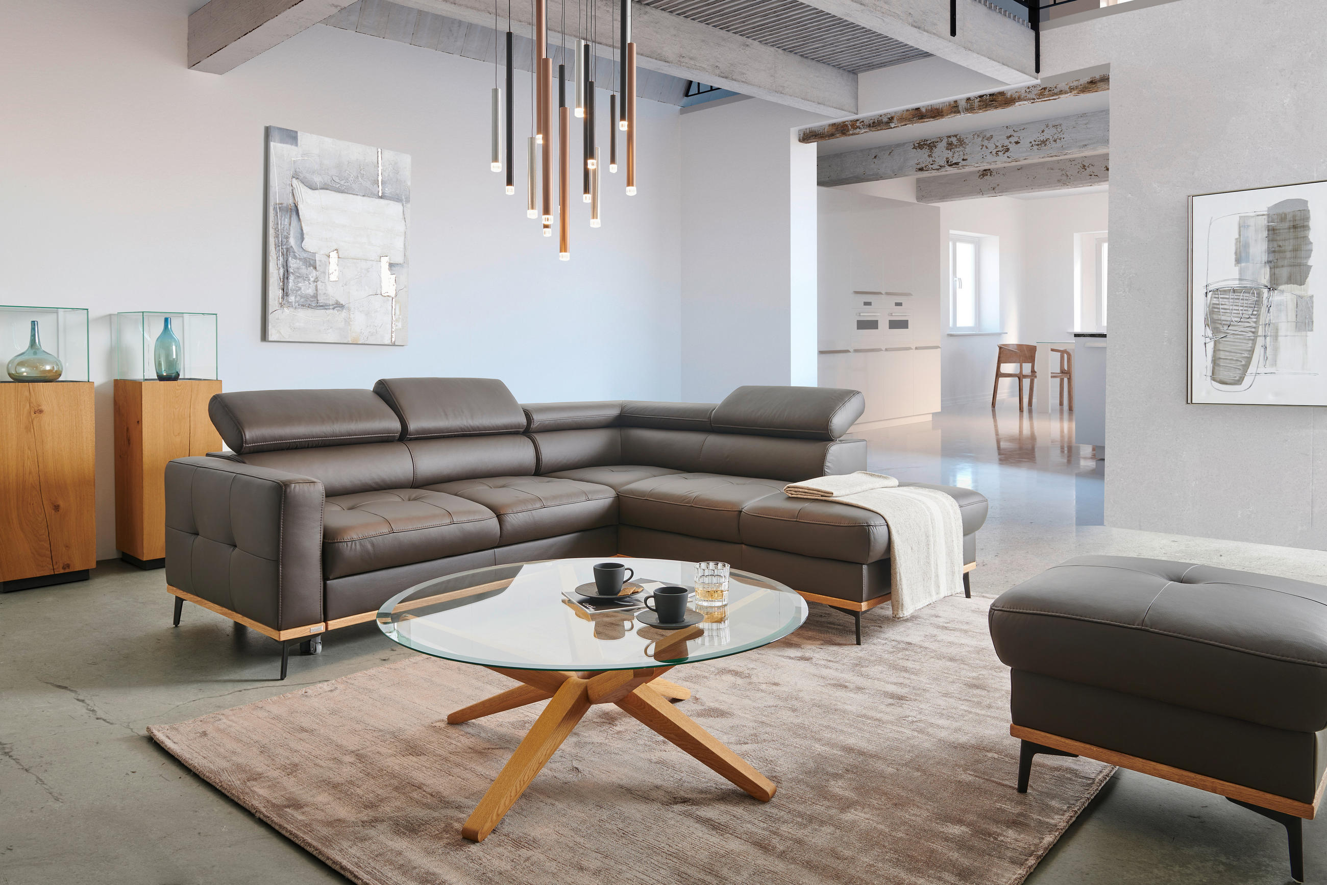 ECKSOFA Dunkelbraun Echtleder  - Dunkelbraun/Schwarz, Design, Leder/Holz (252/220cm) - Novel