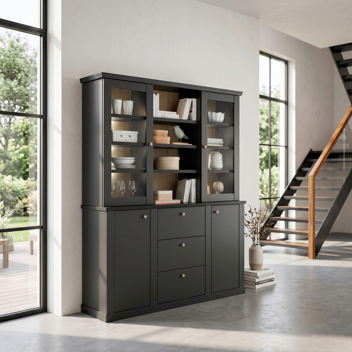 BUFFET 158/201/42 cm  in Schwarz, Eichefarben  - Eichefarben/Messingfarben, Design, Glas/Holzwerkstoff (158/201/42cm) - MID.YOU