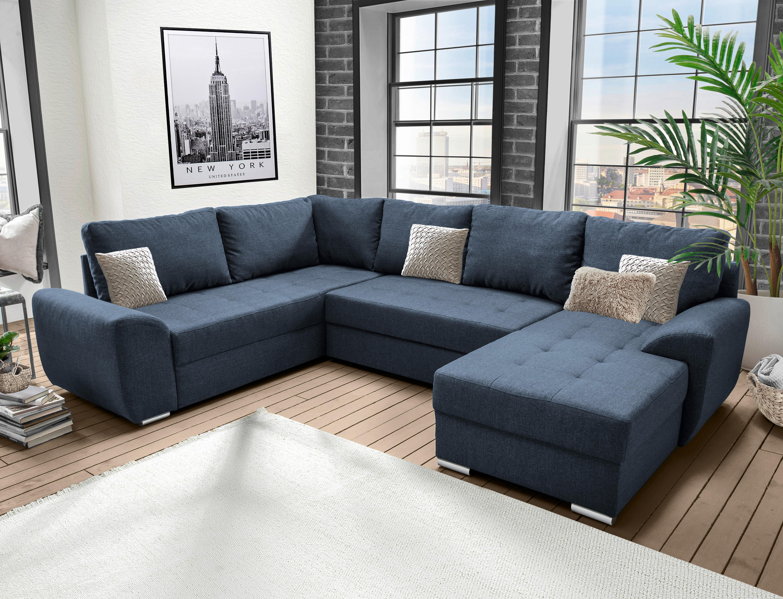 WOHNLANDSCHAFT Blau Mikrofaser  - Chromfarben/Blau, KONVENTIONELL, Textil/Metall (218/292/156cm) - Livetastic