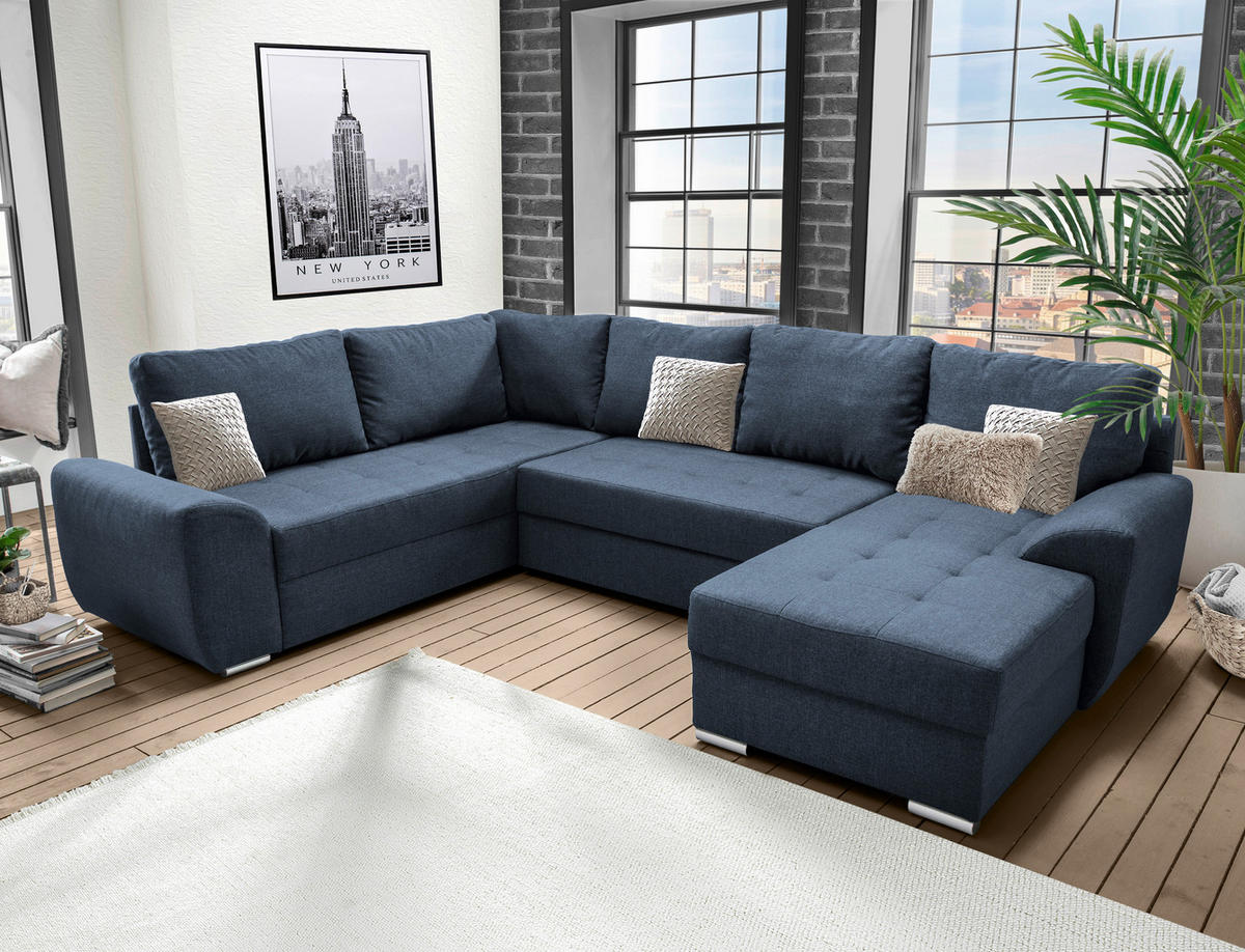 WOHNLANDSCHAFT Blau Mikrofaser  - Chromfarben/Blau, KONVENTIONELL, Textil/Metall (218/292/156cm) - Livetastic