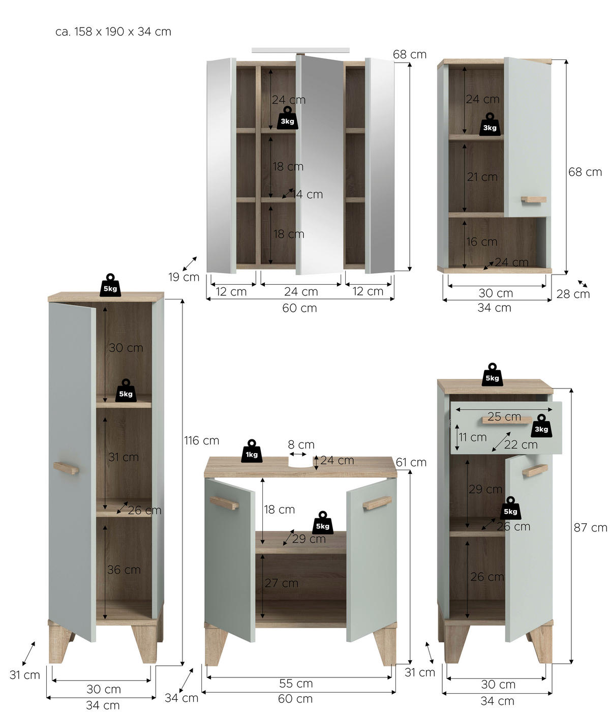 BADEZIMMER 6-teilig 128 cm  - Eiche San Remo/Graugrün, Modern, Holzwerkstoff/Kunststoff (128cm) - MID.YOU