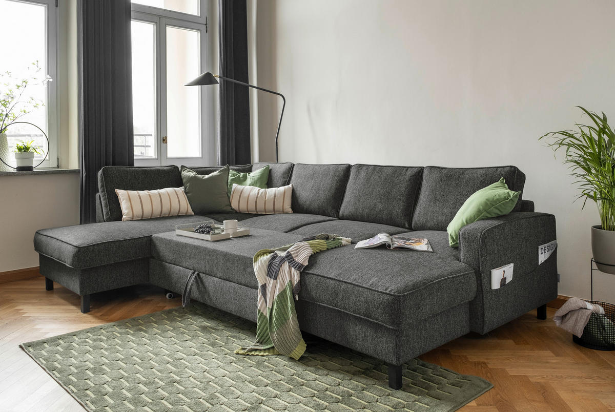 SEDACIA SÚPRAVA, textil, tmavosivá - čierna/tmavosivá, drevo/textil (198/298/148cm) - MID.YOU