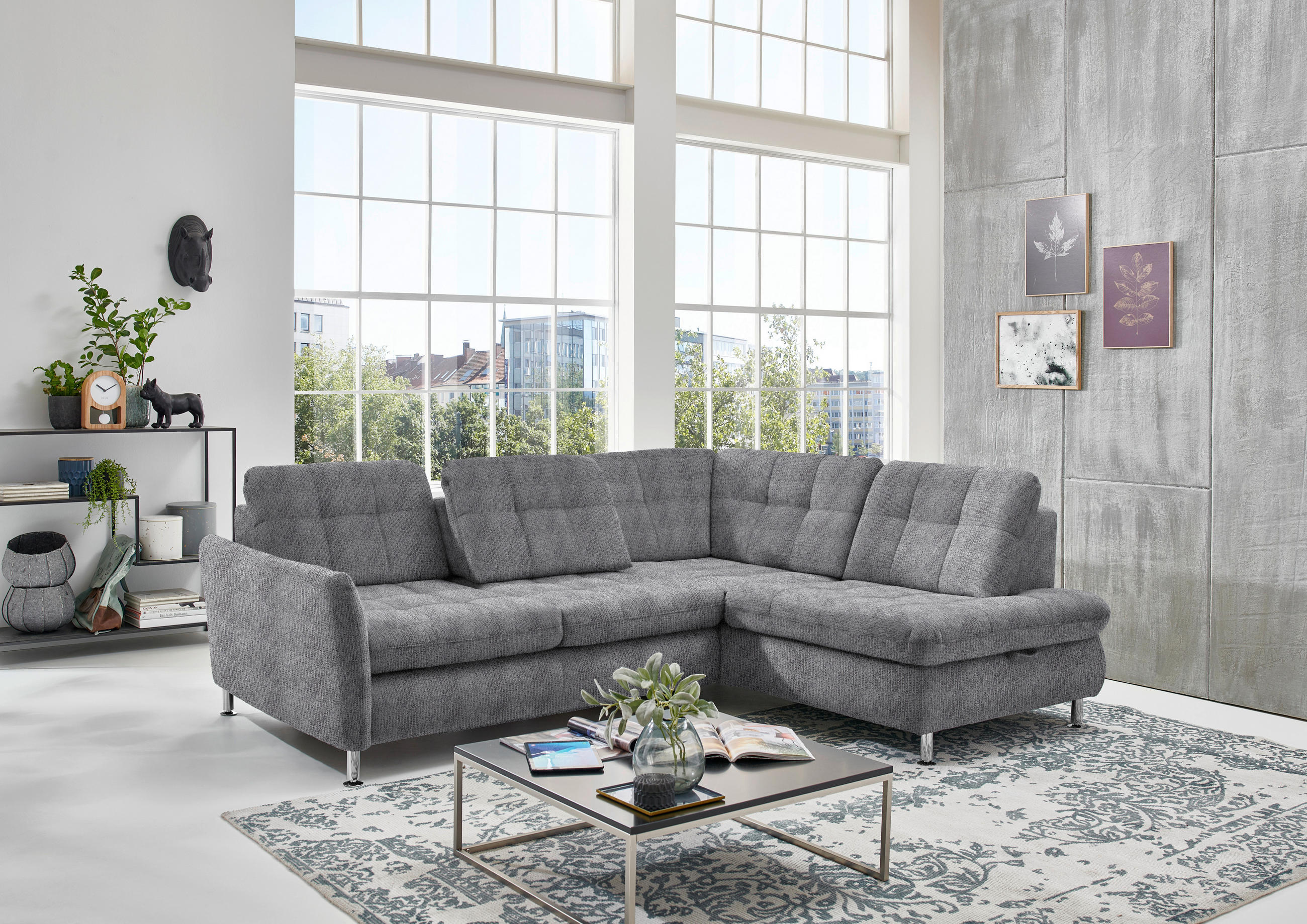 ECKSOFA Braun, Grau Webstoff  - Chromfarben/Braun, KONVENTIONELL, Textil/Metall (242/210cm) - Beldomo Style