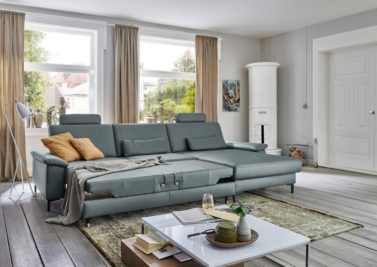 ECKSOFA in Echtleder Blaugrau  - Blaugrau/Schwarz, Design, Leder/Metall (334/176cm) - Dieter Knoll