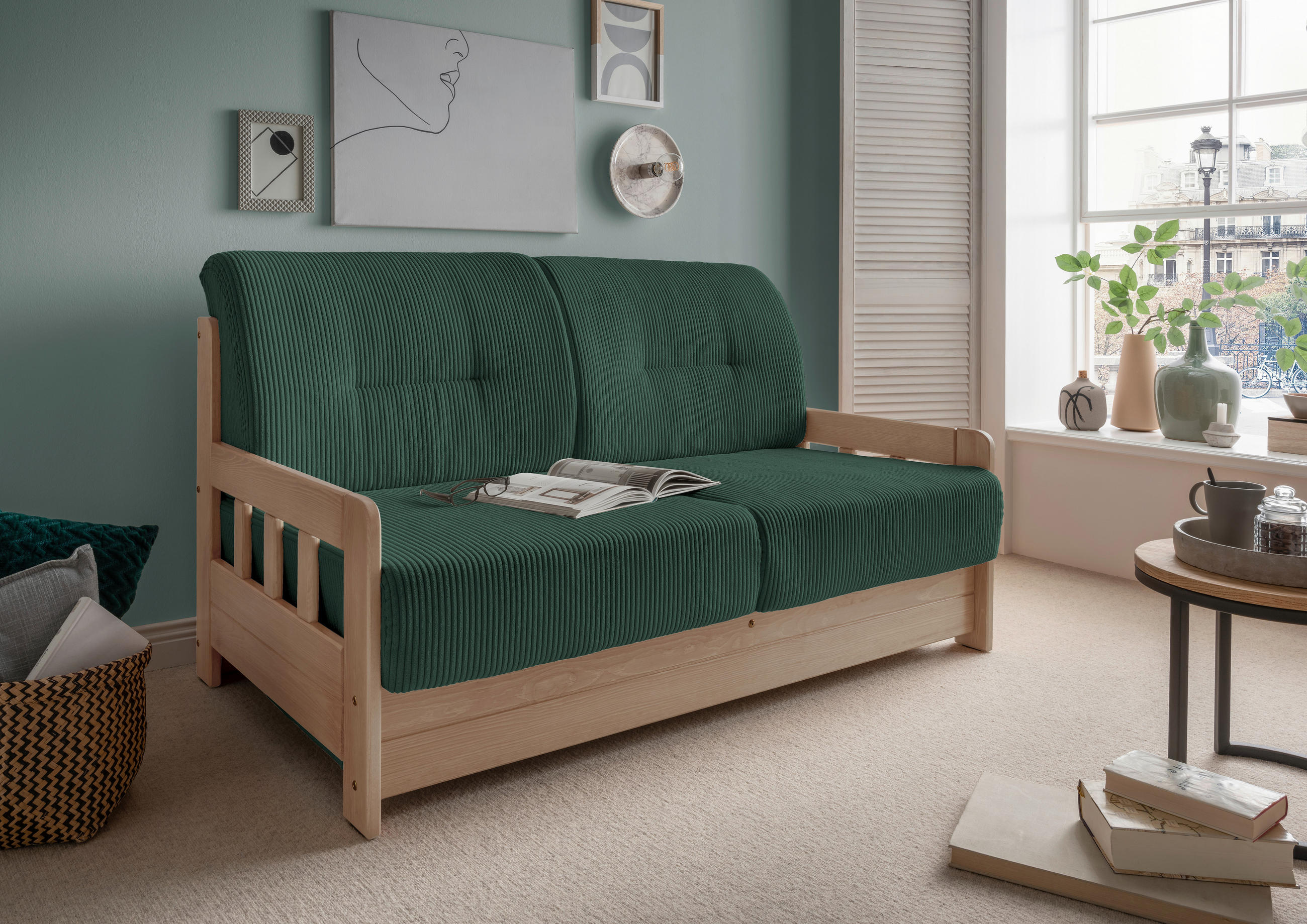 SCHLAFSOFA in Textil Naturfarben, Dunkelgrün  - Dunkelgrün/Naturfarben, Modern, Holz/Textil (154/88/90cm) - Livetastic