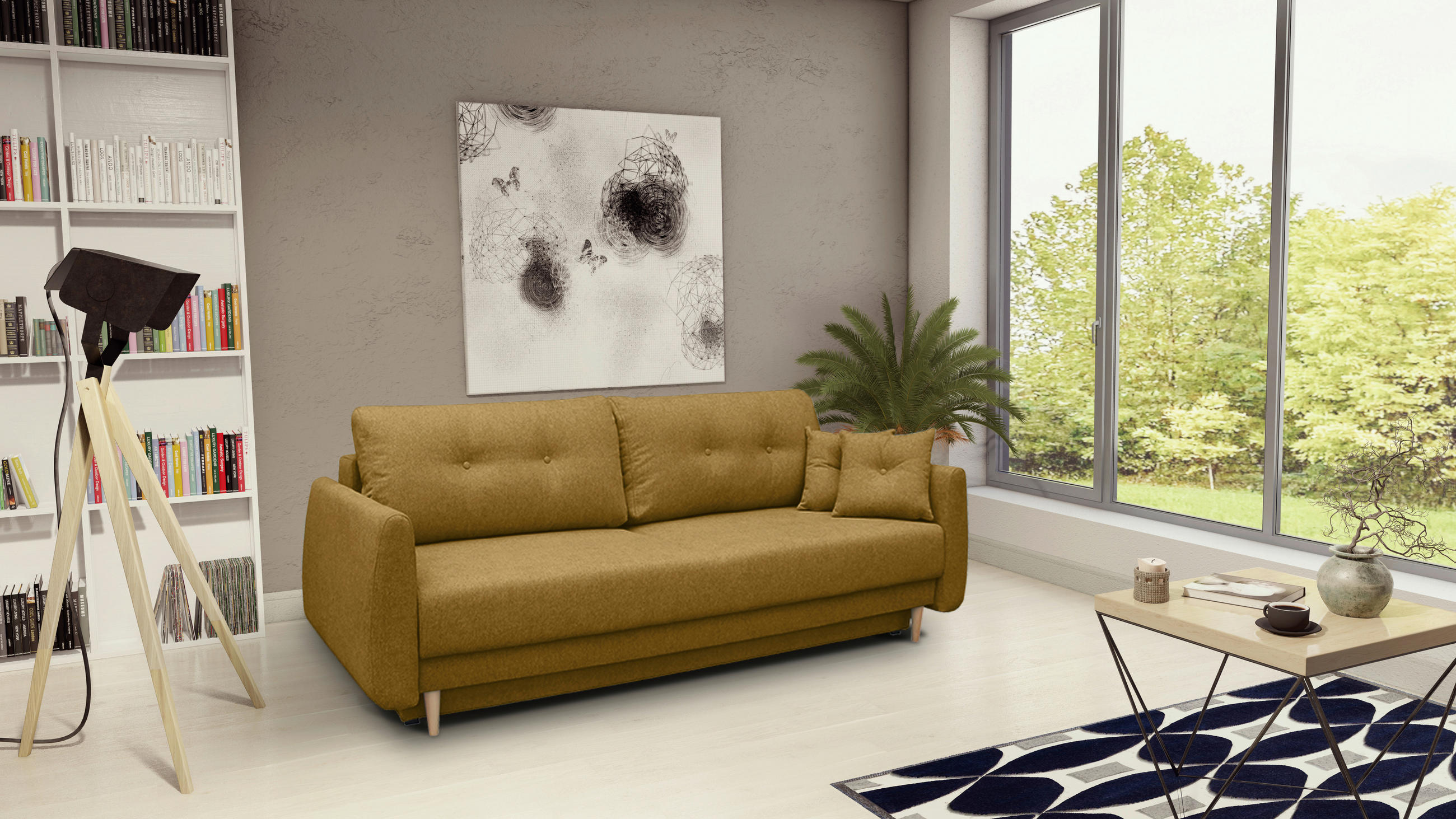 SCHLAFSOFA Webstoff Senfgelb  - Buchefarben/Senfgelb, KONVENTIONELL, Holz/Textil (220/90/95cm) - Carryhome