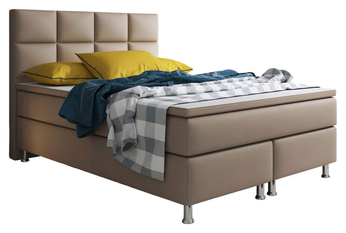 BOXSPRINGBETT  in Cappuccino, Matratze, gepolstertes Kopfteil, Topper, Matratzen, H3 + H3 = fest  - Silberfarben/Cappuccino, KONVENTIONELL, Leder/Textil (140/115/210cm) - MID.YOU