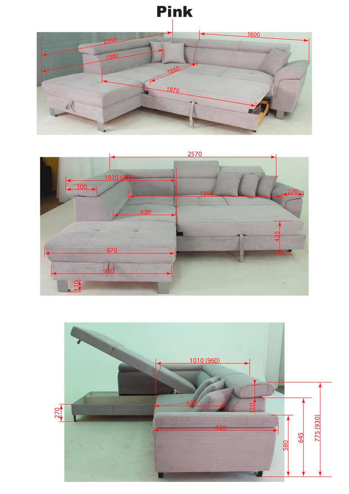 ECKSOFA inkl. Funktionen Grau Cord  - Silberfarben/Grau, Design, Textil/Metall (226/257cm) - Xora