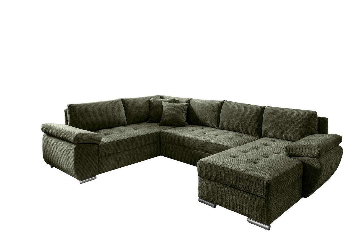 Wohnlandschaft in Mikrofaser Olivgrün  - Chromfarben/Olivgrün, KONVENTIONELL, Textil (219/305/157cm) - Livetastic