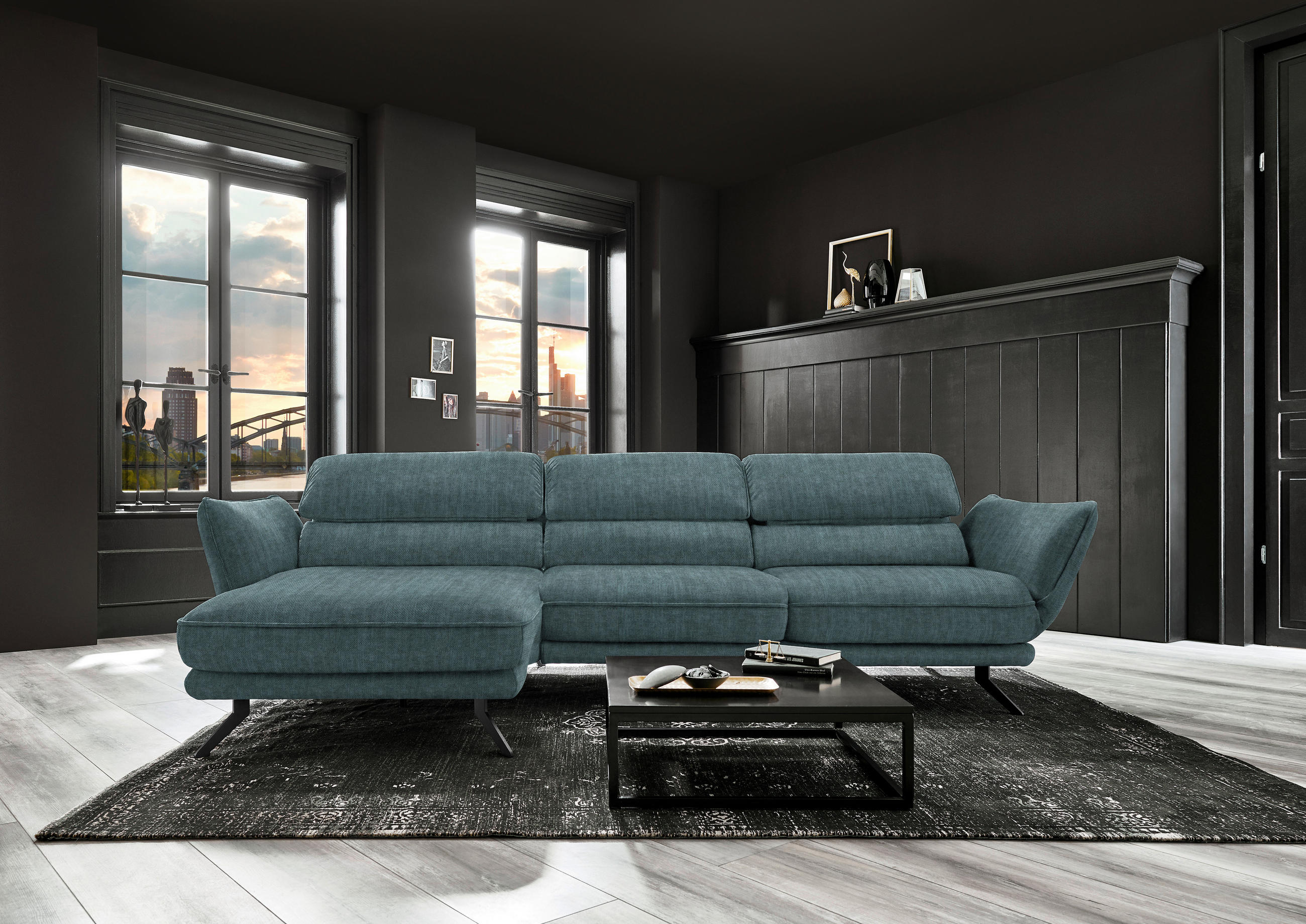 ECKSOFA in Velours Opal  - Opal/Schwarz, Design, Textil/Metall (153/283cm) - Valdera