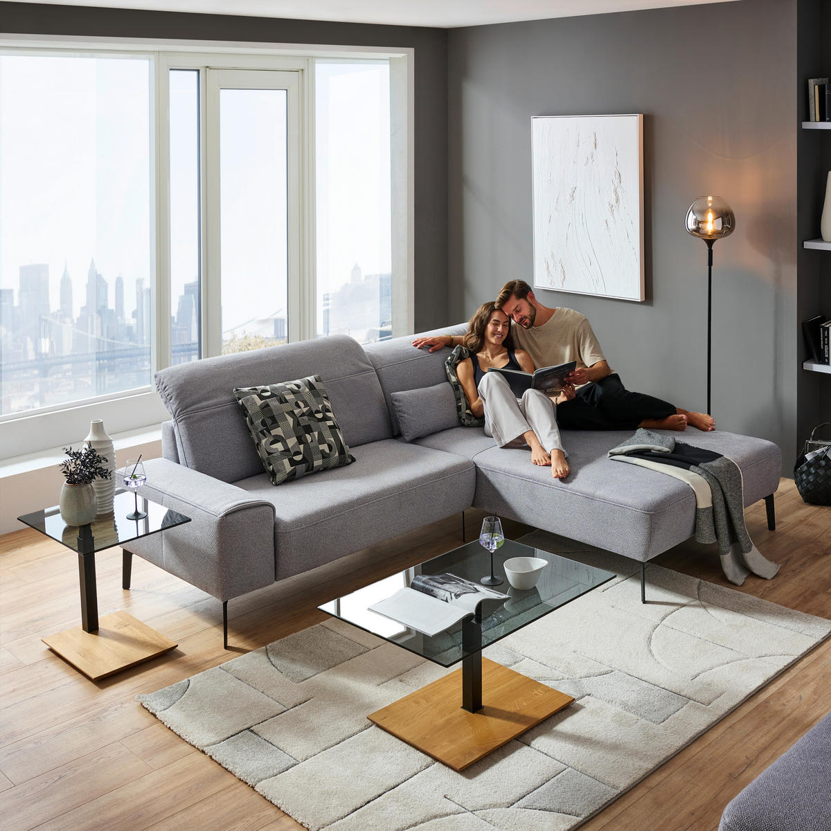 ECKSOFA in Mikrofaser Hellgrau  - Hellgrau/Schwarz, Design, Textil/Metall (273/203cm) - Johann Jakob