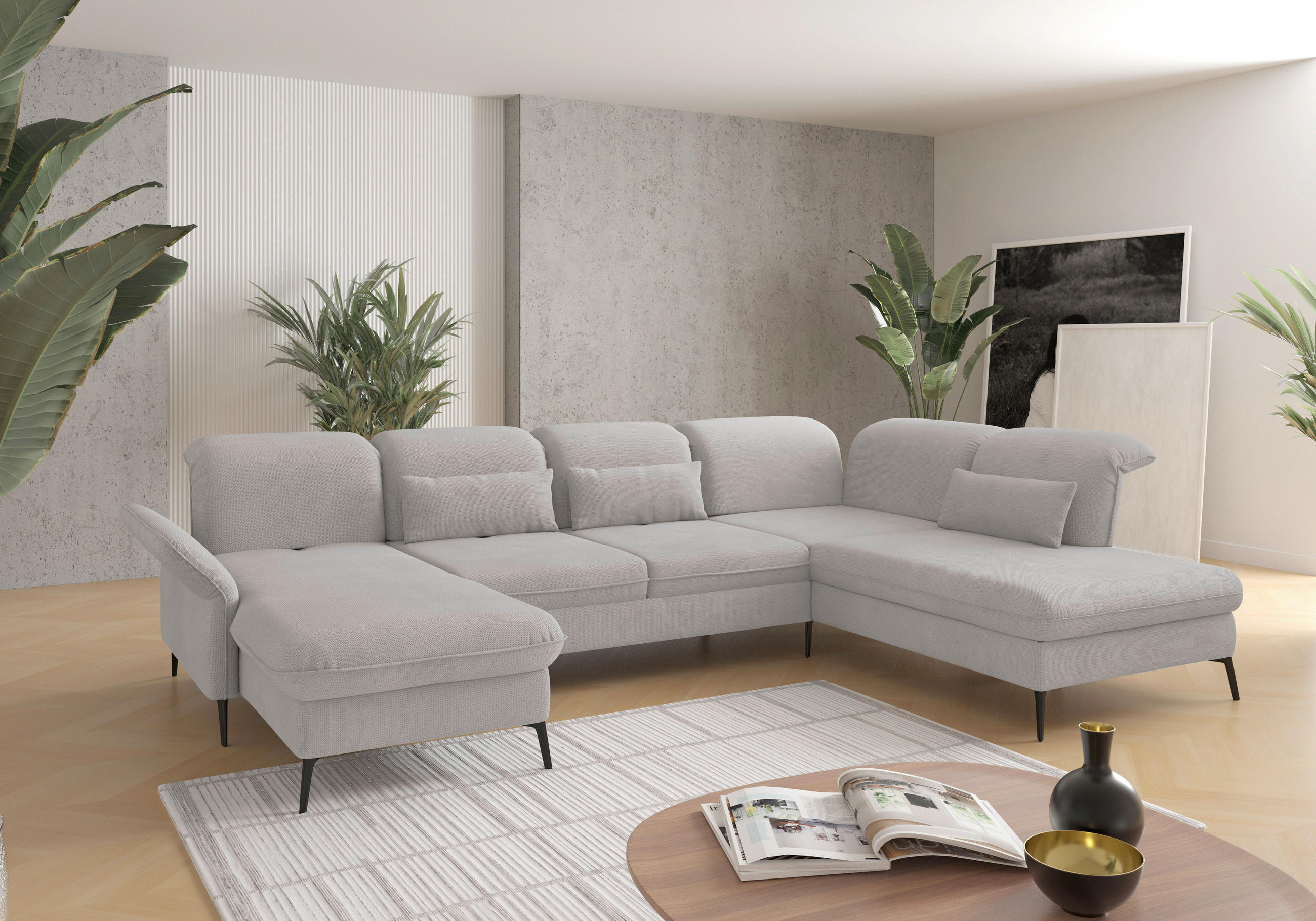 WOHNLANDSCHAFT Silberfarben Flachgewebe  - Silberfarben/Schwarz, KONVENTIONELL, Textil/Metall (198/359/231cm) - Sit & More
