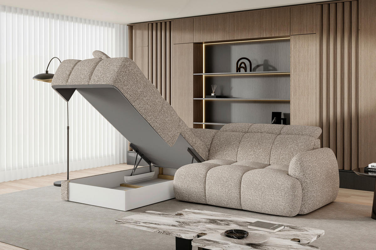 ECKSOFA Beige Webstoff Bettkasten, Schlaffunktion, Rücken echt, Kopfteilverstellung, Sitzvorzug  - Beige/Schwarz, Design, Kunststoff/Textil (230/275cm) - Welnova
