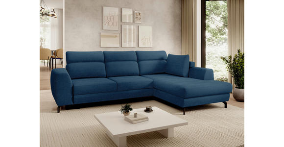 ECKSOFA Blau Chenille  inkl. Zierkissen, Bettkasten, Schlaffunktion, Rücken echt, Kopfteilverstellung, Liegefläche im Originalstoff  - Blau/Schwarz, KONVENTIONELL, Textil/Metall (266/185cm) - Carryhome