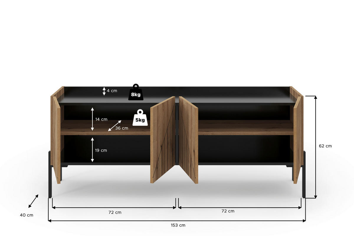 LOWBOARD - Eiche dunkel/Schwarz, Design, Holzwerkstoff/Metall (155/62/40cm) - Livetastic