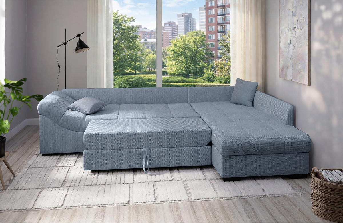 ECKSCHLAFSOFA Alvito Hellblau Chenille  - Schwarz/Hellblau, MODERN, Holz/Textil (298/202cm) - MID.YOU