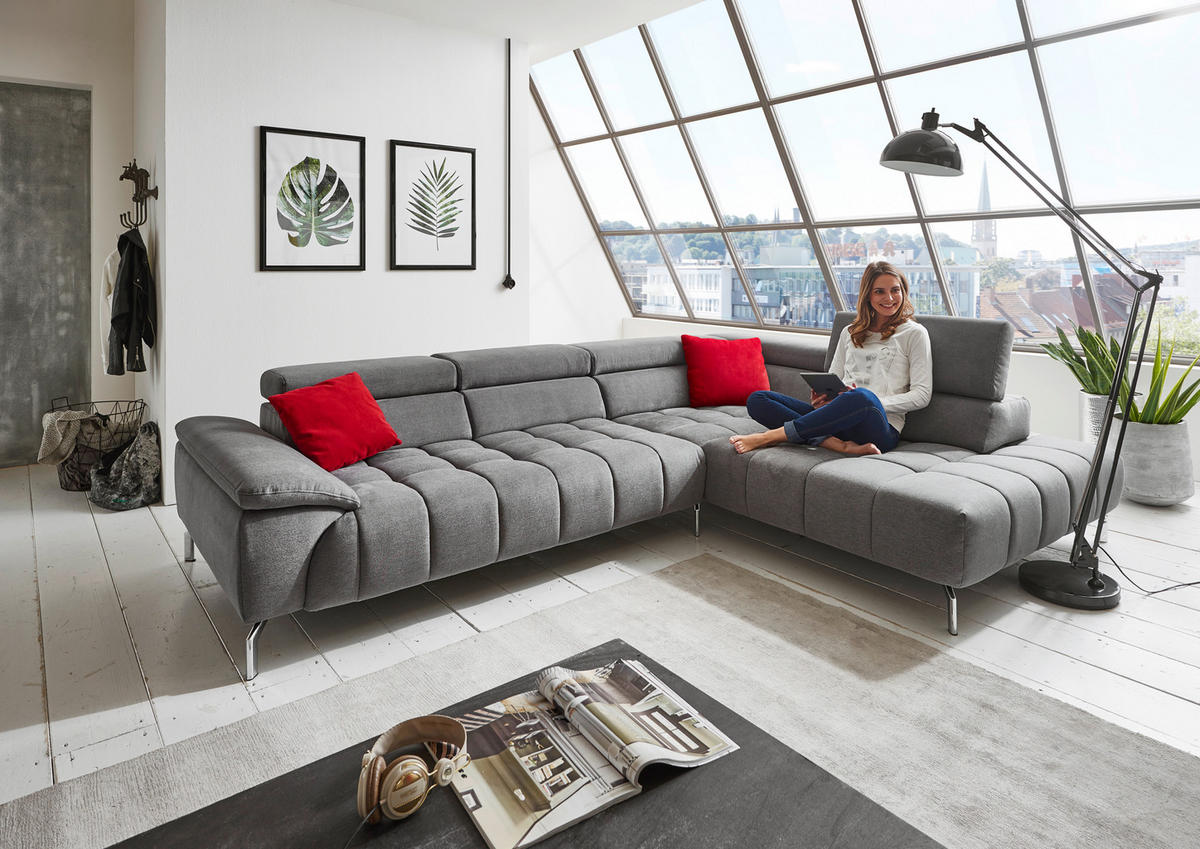 ECKSOFA Grau Chenille  - Chromfarben/Grau, Design, Textil/Metall (323/222cm) - Beldomo Style
