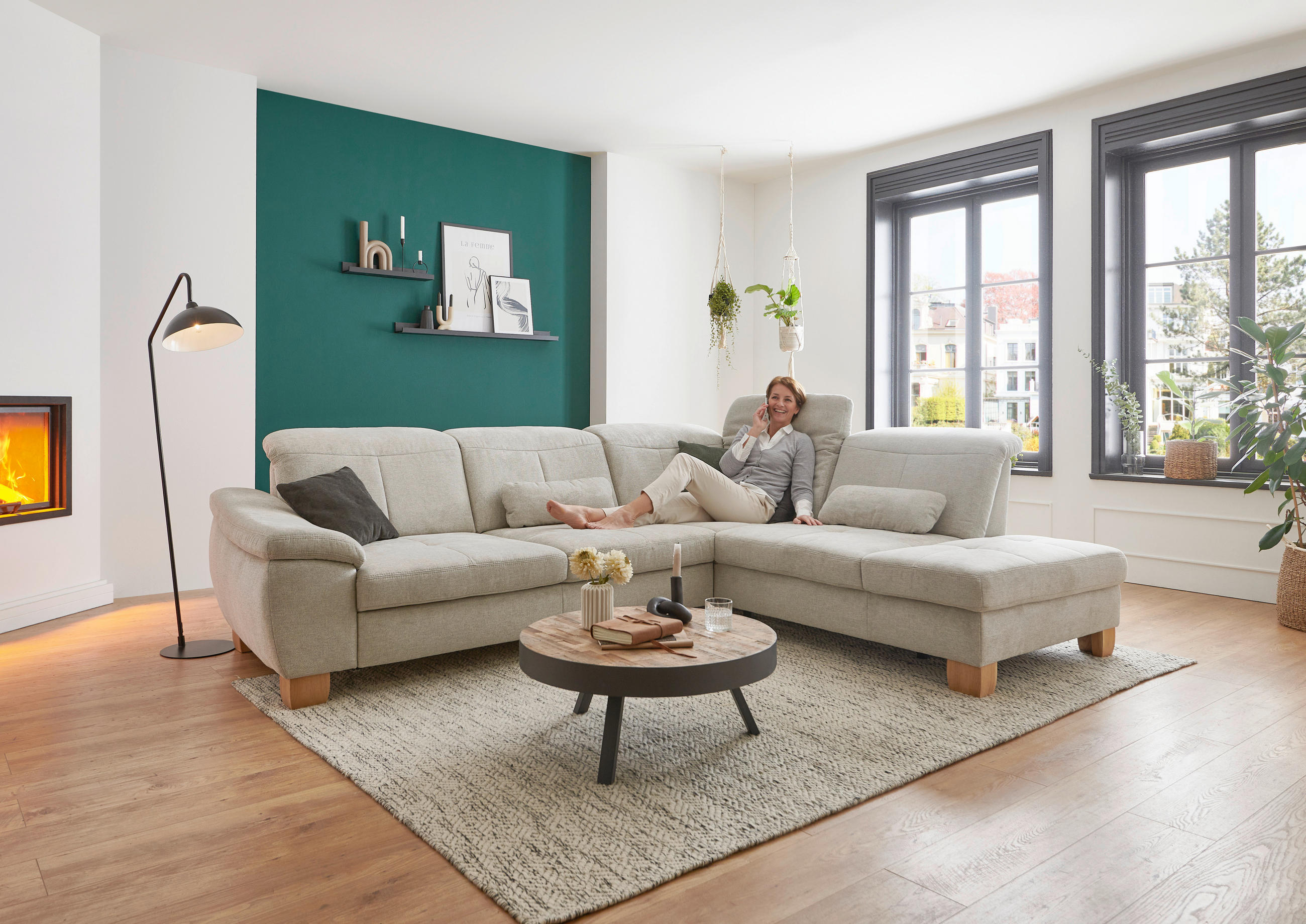 ECKSOFA Ecru Flachgewebe  - Wildeiche/Ecru, Natur, Holz/Textil (301/243cm) - Voleo