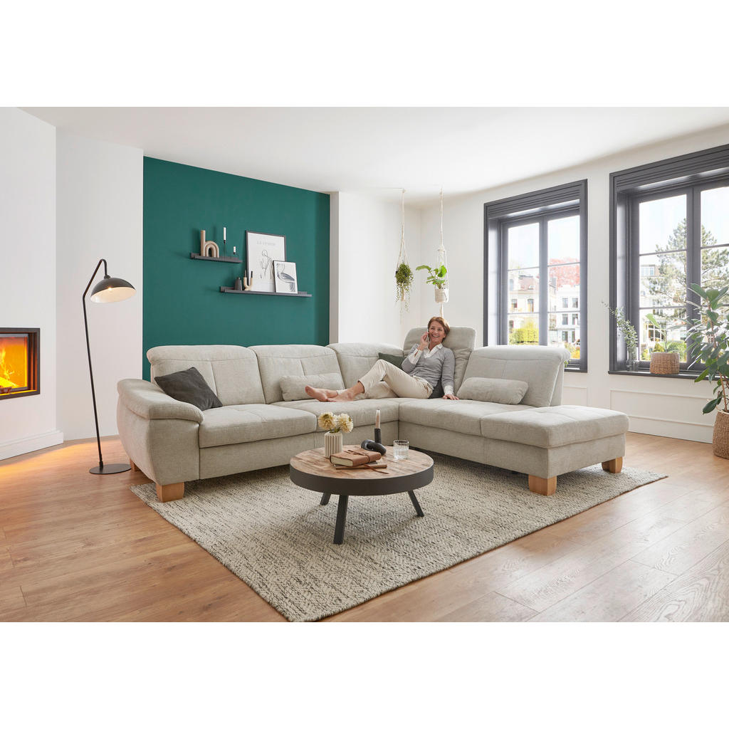 Thumbnail - Voleo Ecksofa, Ecru, Textil, Wildeiche, massiv, 3-4-Sitzer, Ottomane rechts, L-Form, 301x243 cm, Typenauswahl, Bettkaste...