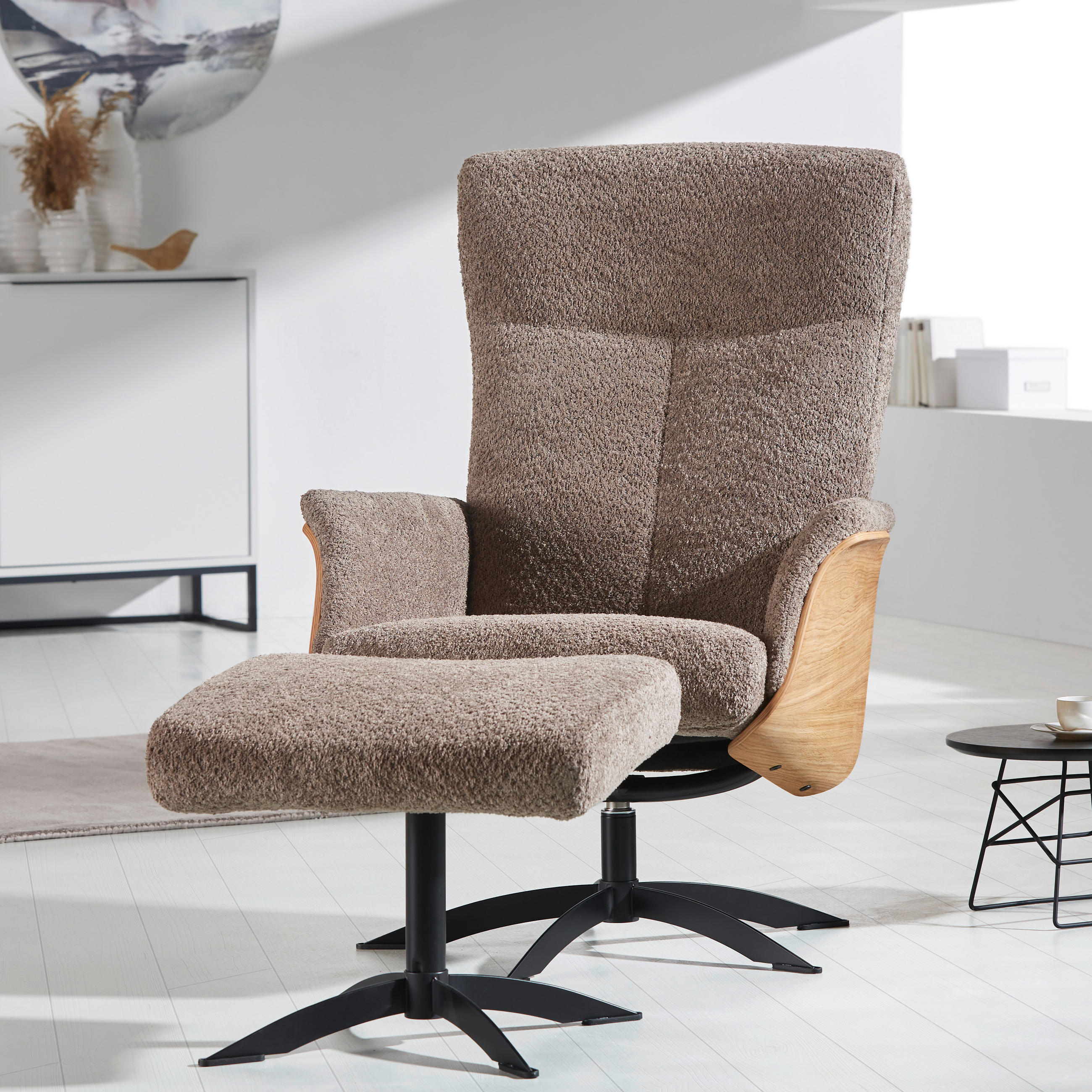 RELAXSESSEL Teddystoff Relaxfunktion    - Hellbraun/Schwarz, Design, Holz/Textil (71/104/77cm) - Welnova
