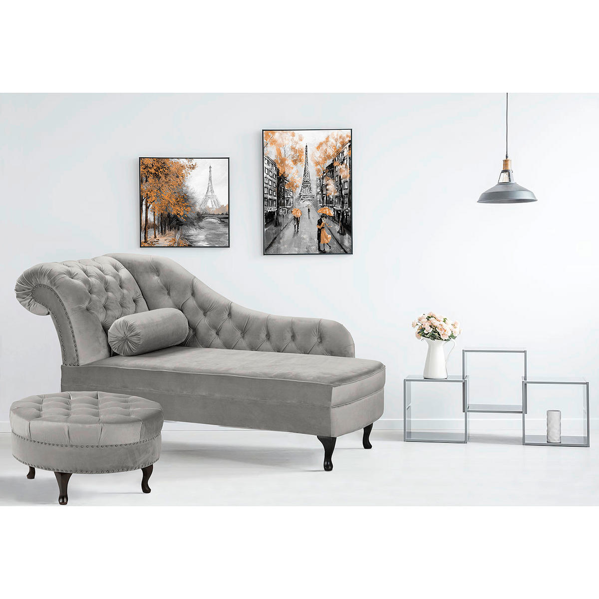 RÉCAMIERE Samt Grau  - Braun/Grau, Design, Holz/Textil (185/93/75cm) - Livetastic