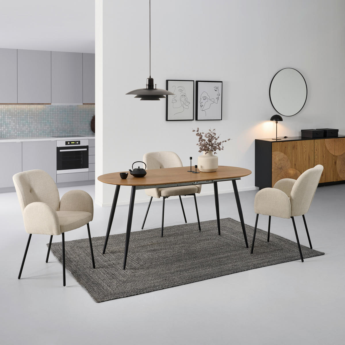 JÍDELNÍ STŮL, barvy dubu, 120-160/75/80 cm - černá/barvy dubu, Konvenční, kov/kompozitní dřevo (120-160/75/80cm) - MID.YOU