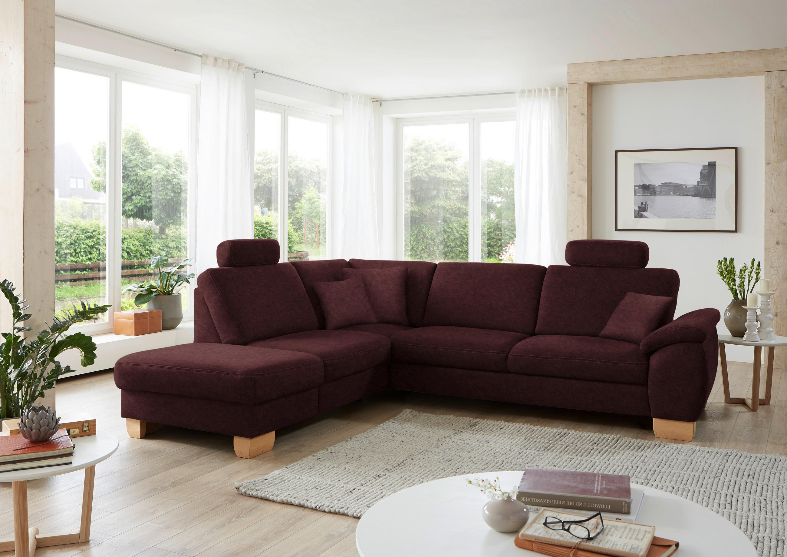 ECKSOFA in Mikrofaser Weinrot  - Wildeiche/Beige, Konventionell, Holz/Textil (236/286cm) - Voleo