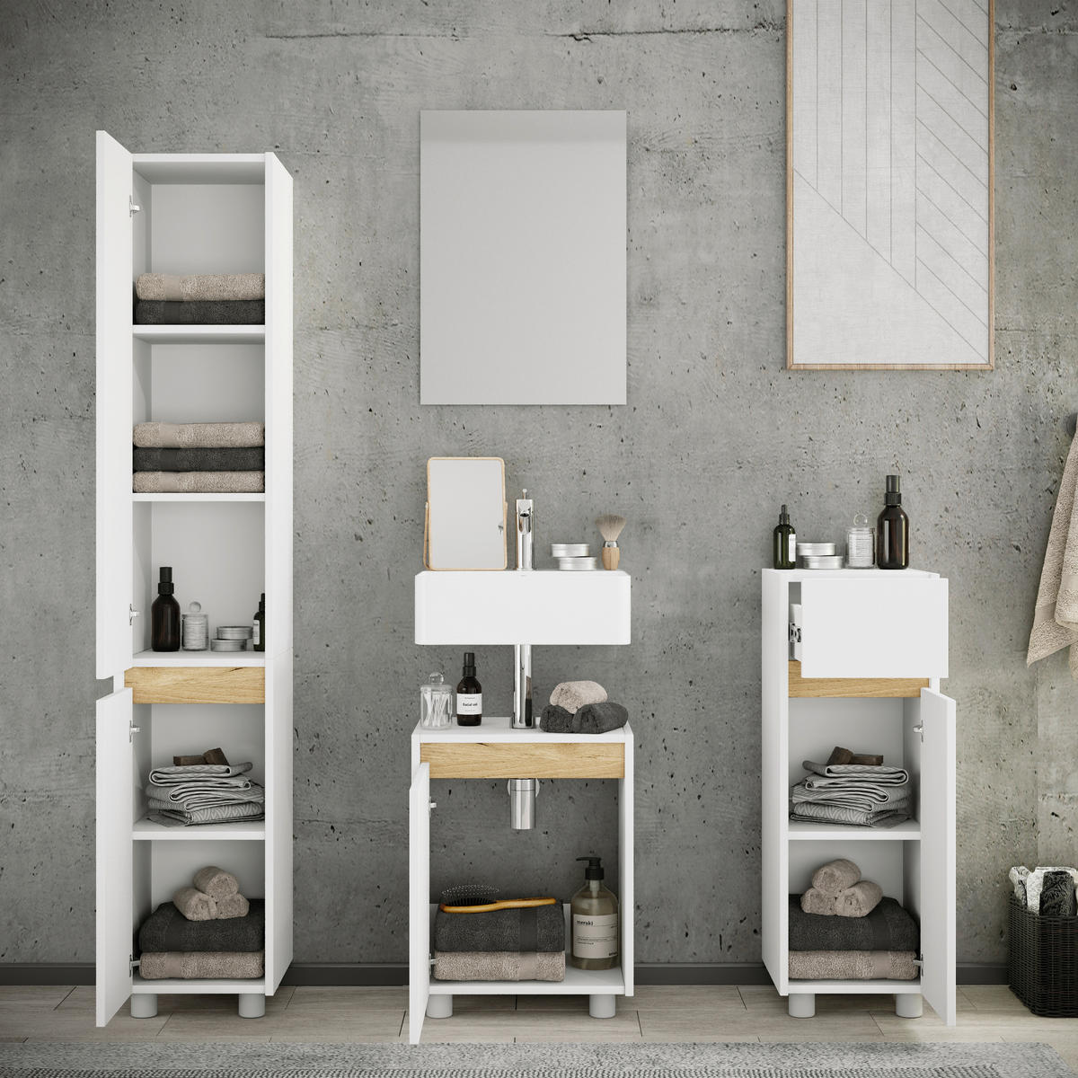 BADEZIMMER 4-teilig  in 112 cm  - Honigeiche/Silberfarben, Trend, Holzwerkstoff/Kunststoff (112cm) - MID.YOU