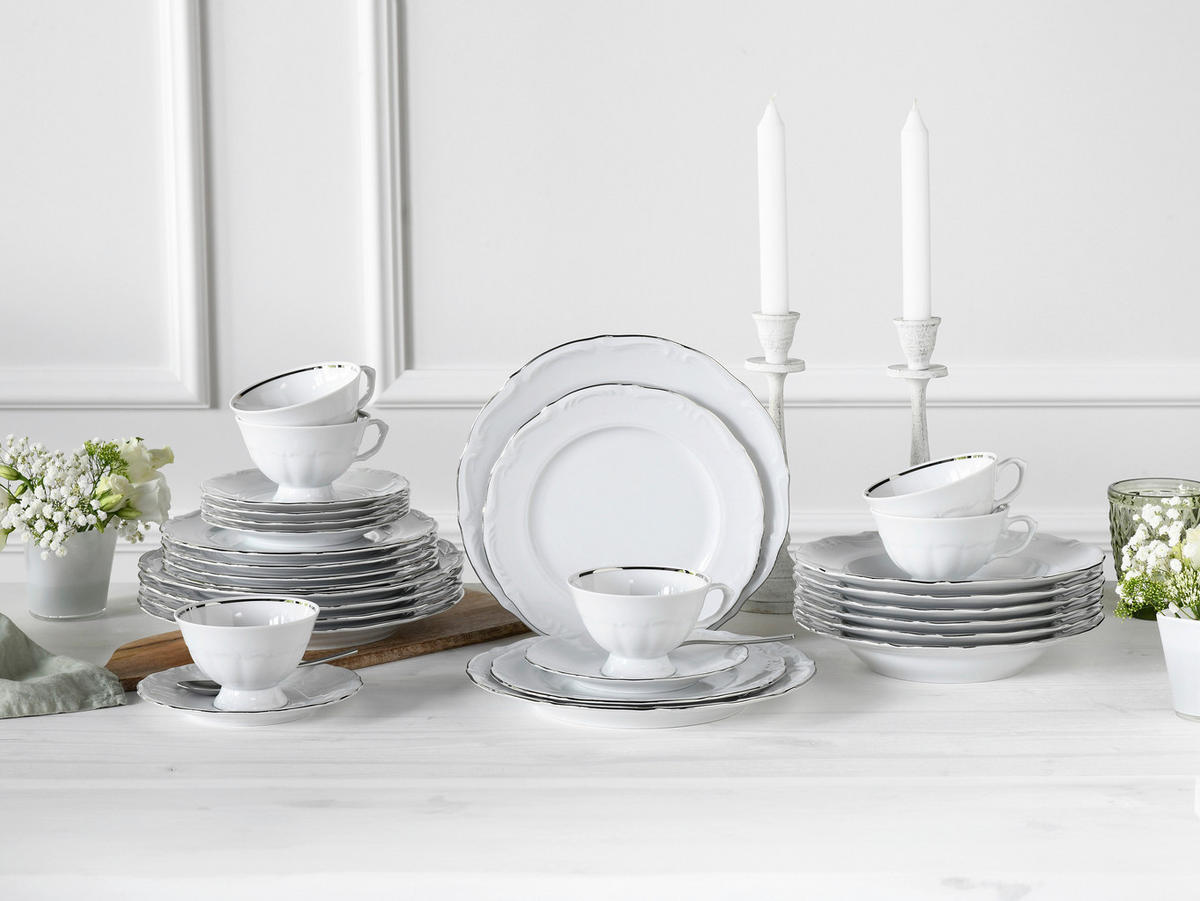 KOMBISERVICE Weiß, Platinfarben 30-teilig Maria Theresia Platin  - Platinfarben/Weiß, Basics, Keramik (44/28/33cm) - Creatable