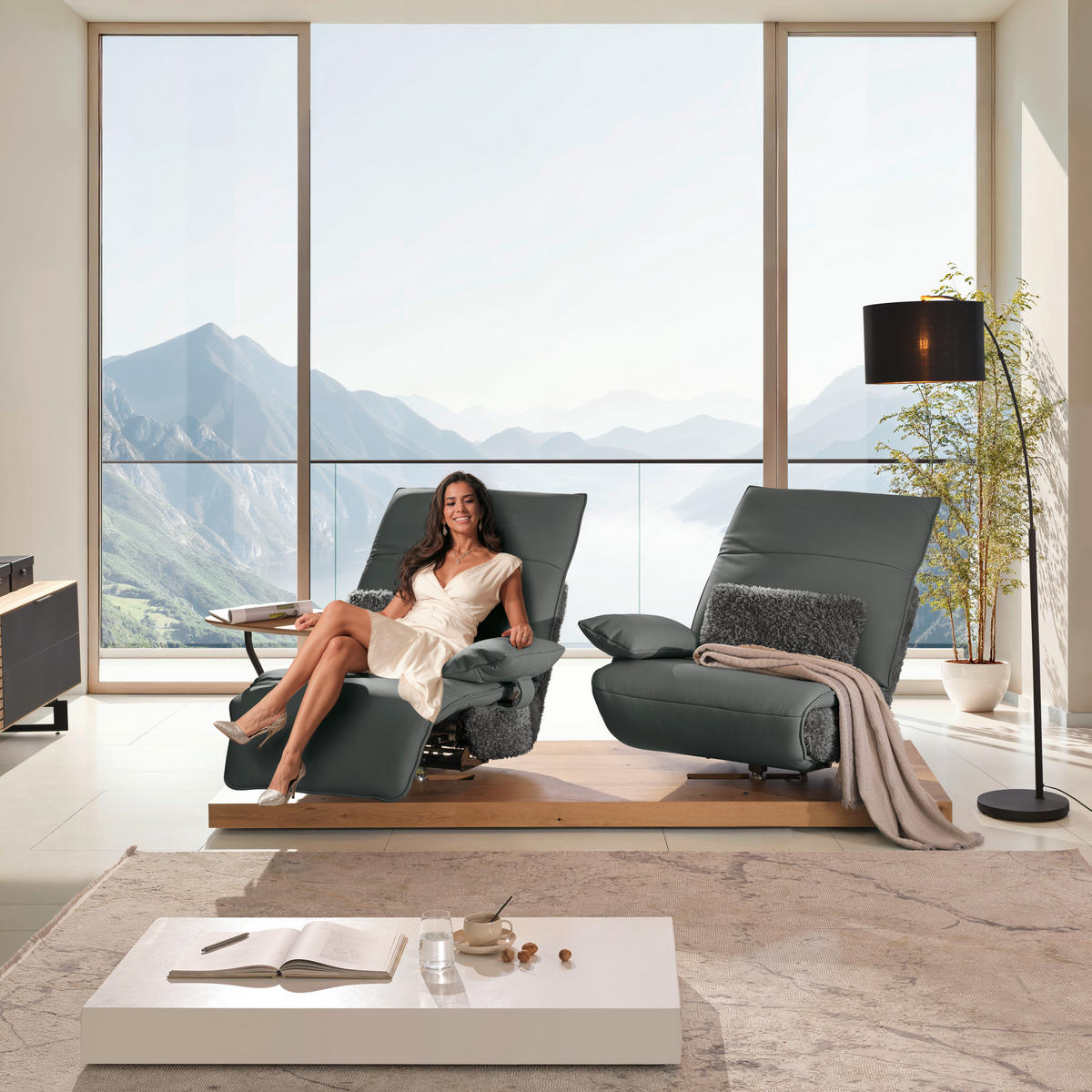 2-SITZER-SOFA Hochflor Echtleder Anthrazit, Grau  - Anthrazit/Schwarz, Design, Leder/Holz (240/65/104cm) - Koinor