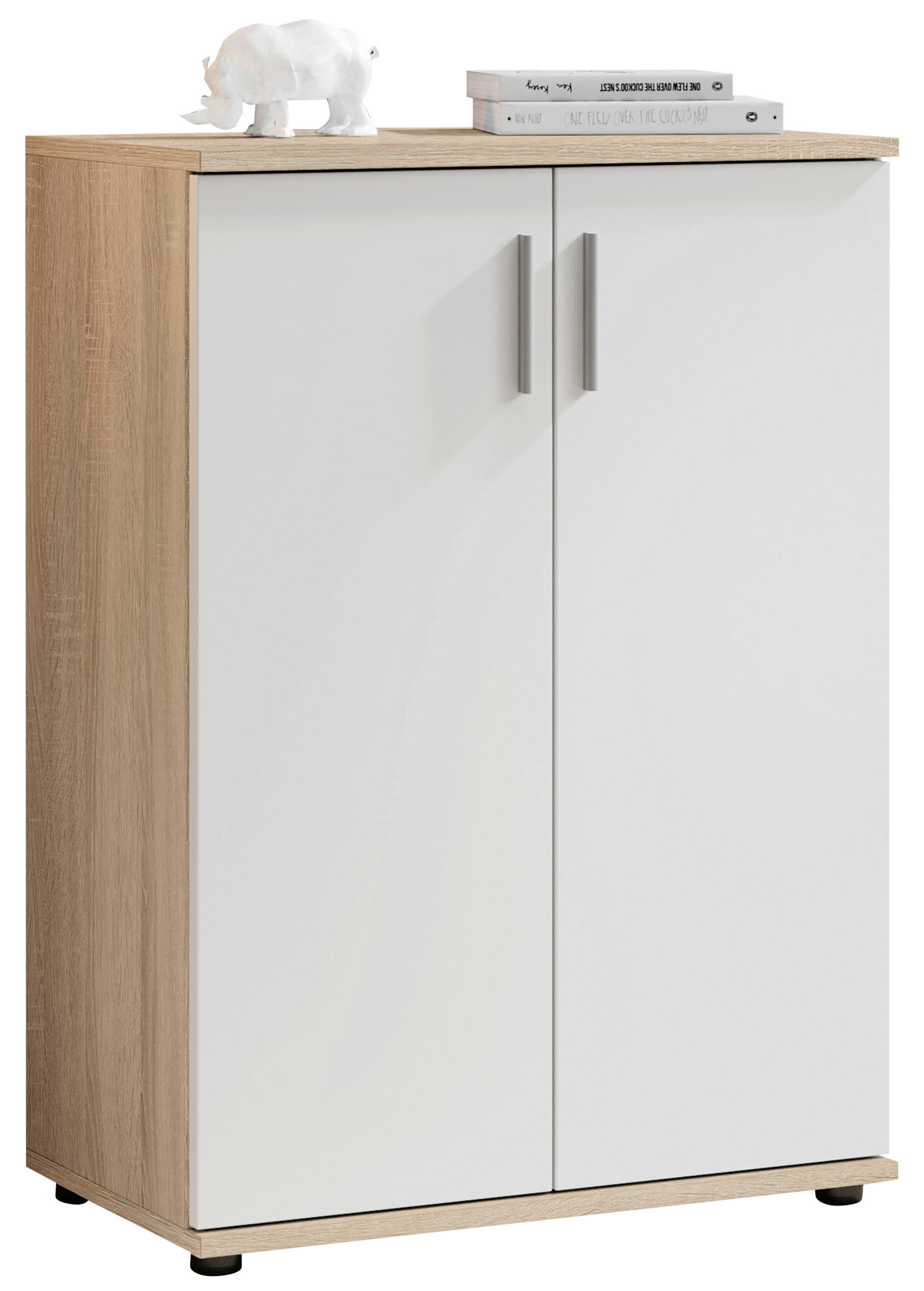 KOMODA, bela, hrast sonoma  - srebrne barve/bela, Design, umetna masa/leseni material (60/82/35cm) - Boxxx