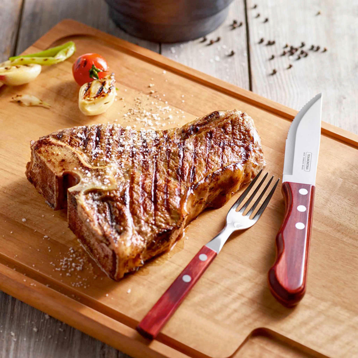 STEAKBESTECK JUMBO 4-teilig  - Edelstahlfarben/Rot, Basics, Holz/Metall