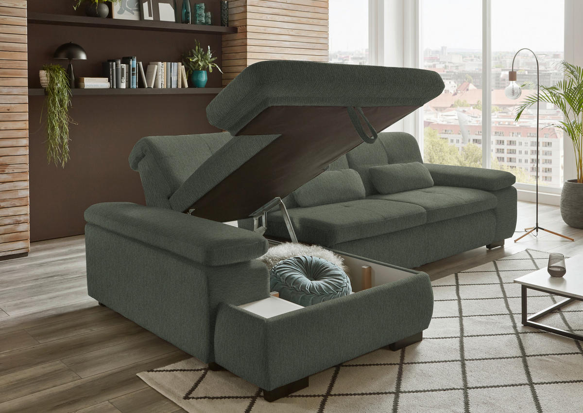 ECKSOFA in Flachgewebe Dunkelgrün  - Dunkelgrün/Schwarz, Design, Textil/Metall (174/297cm) - Beldomo Style