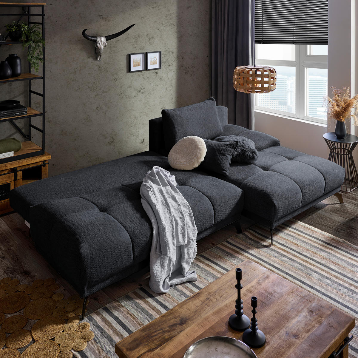ECKSOFA in Chenille Dunkelblau  - Schwarz/Dunkelblau, Modern, Textil/Metall (290/182cm) - Hom`in