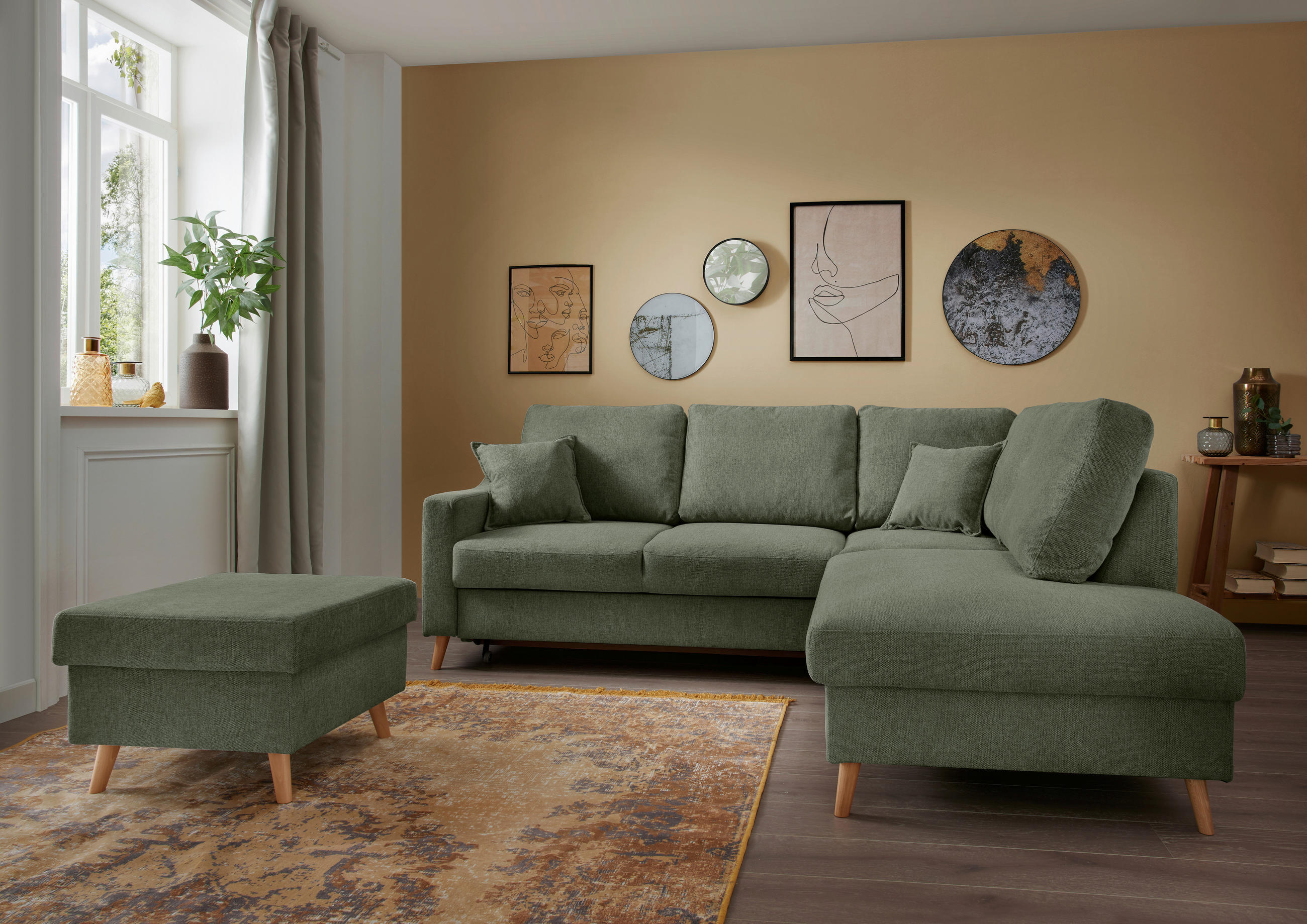 ECKSOFA Valentina Dunkelgrün Chenille  - Dunkelgrün/Naturfarben, MODERN, Holz/Textil (230/200cm) - Livetastic