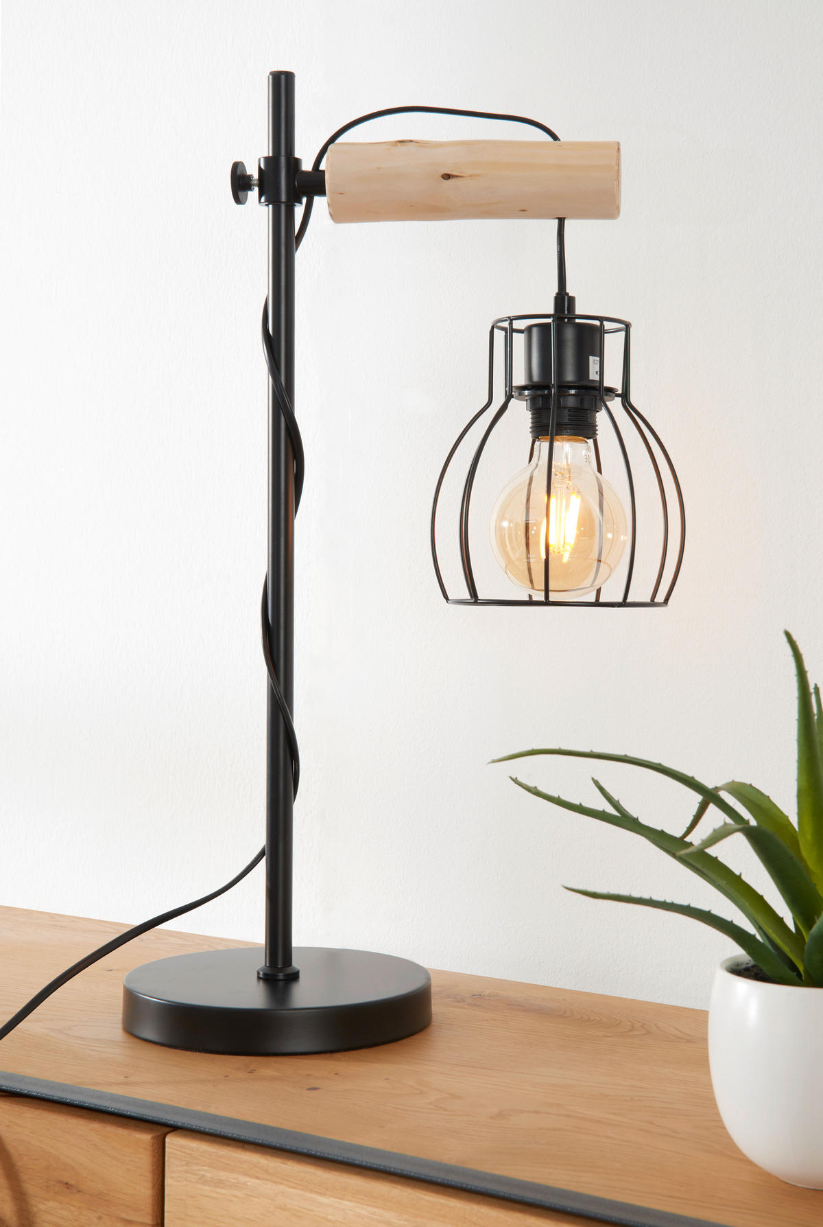 STOLNÍ LAMPA, E27, 33/55 cm  - černá/přírodní barvy, Design, kov/dřevo (33/55cm)