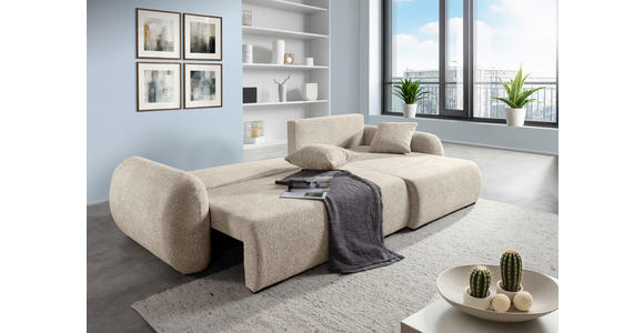 ECKSOFA Beige Flachgewebe Zierkissen, Rückenkissen, Bettkasten, Schlaffunktion, Rücken echt, Liegefläche im Originalstoff  - Beige/Schwarz, KONVENTIONELL, Kunststoff/Textil (145/285cm) - Carryhome