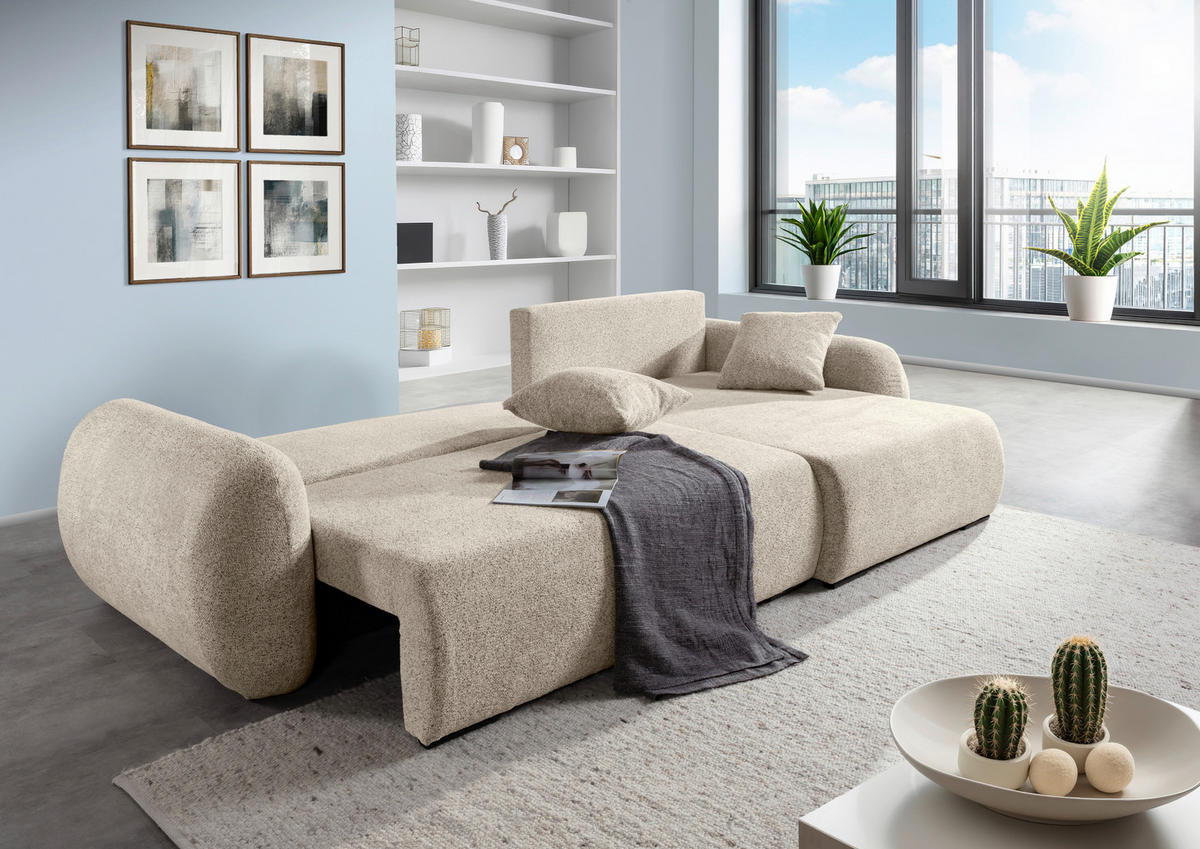 ECKSOFA Beige Flachgewebe Zierkissen, Rückenkissen, Bettkasten, Schlaffunktion, Rücken echt, Liegefläche im Originalstoff  - Beige/Schwarz, KONVENTIONELL, Kunststoff/Textil (145/285cm) - Carryhome