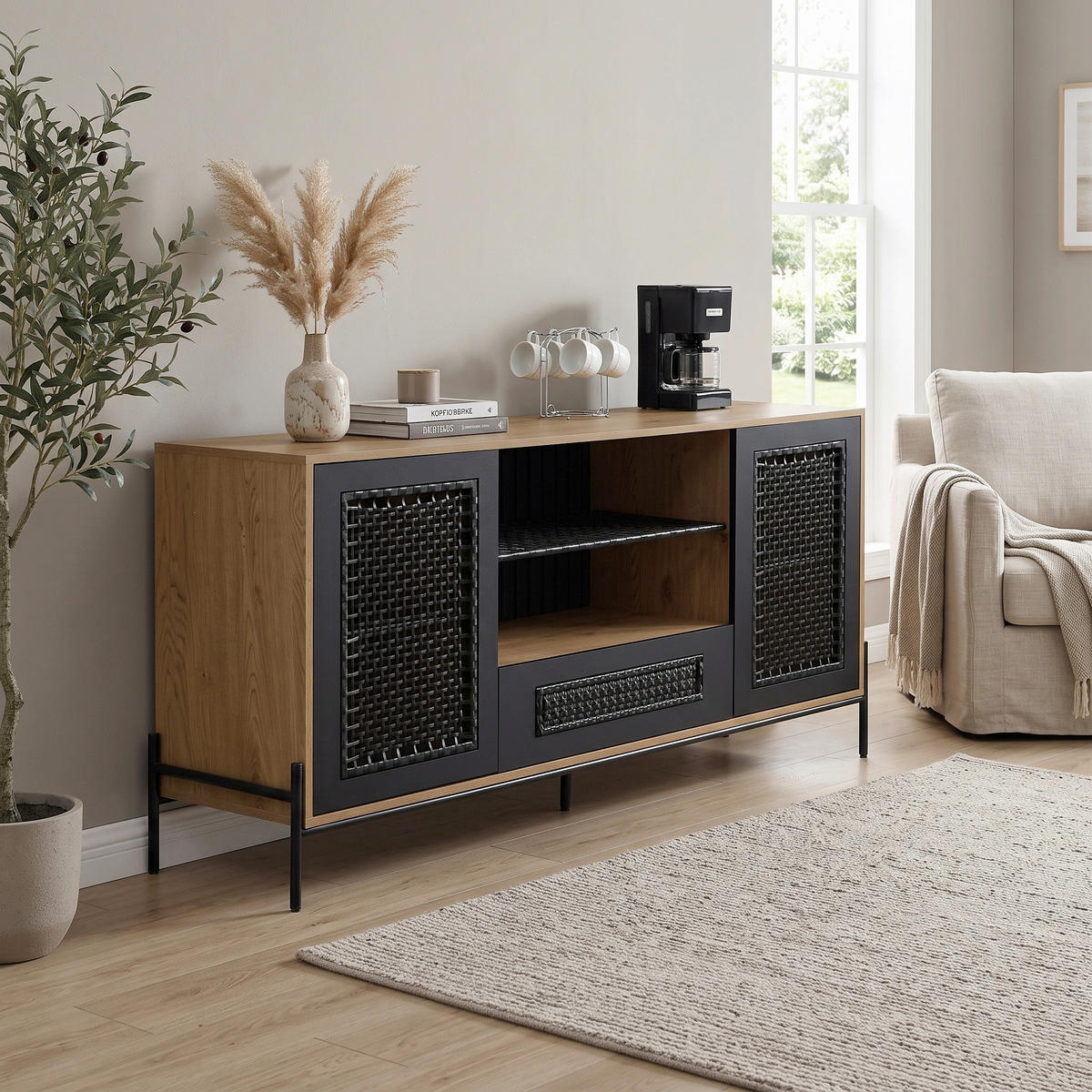 SIDEBOARD   1 Schublade(n)  - Schwarz/Naturfarben, Design, Holzwerkstoff/Kunststoff (164/76cm) - Livetastic