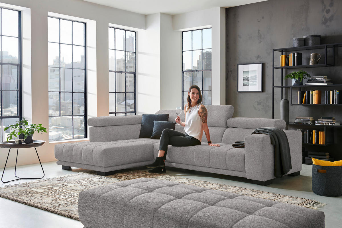 ECKSOFA in Mikrofaser Hellgrau  - Hellgrau/Schwarz, Design, Textil/Metall (207/301cm) - Xora