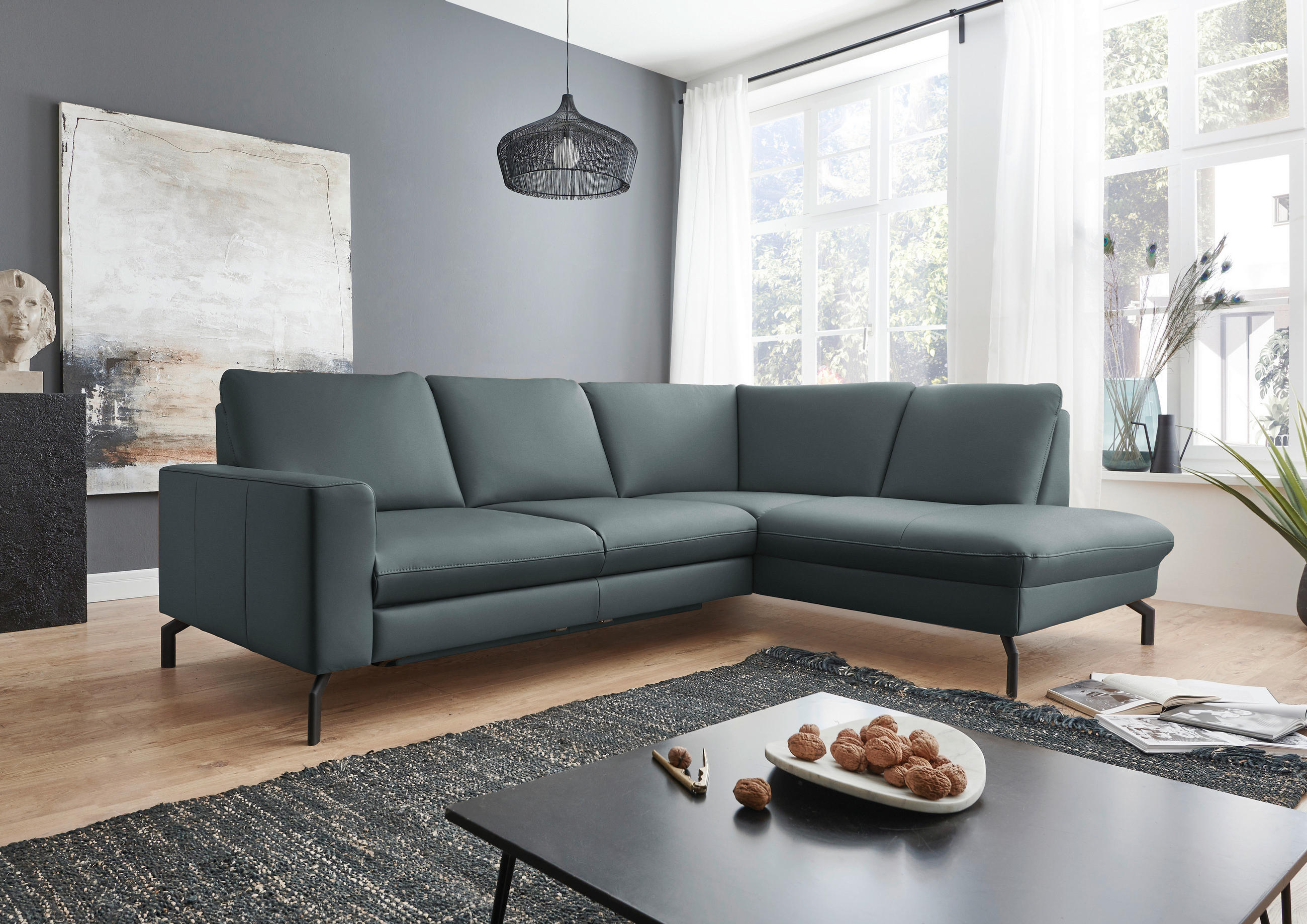 ECKSOFA in Echtleder Blaugrau  - Blaugrau/Schwarz, Design, Leder/Metall (250/194cm) - Beldomo Premium